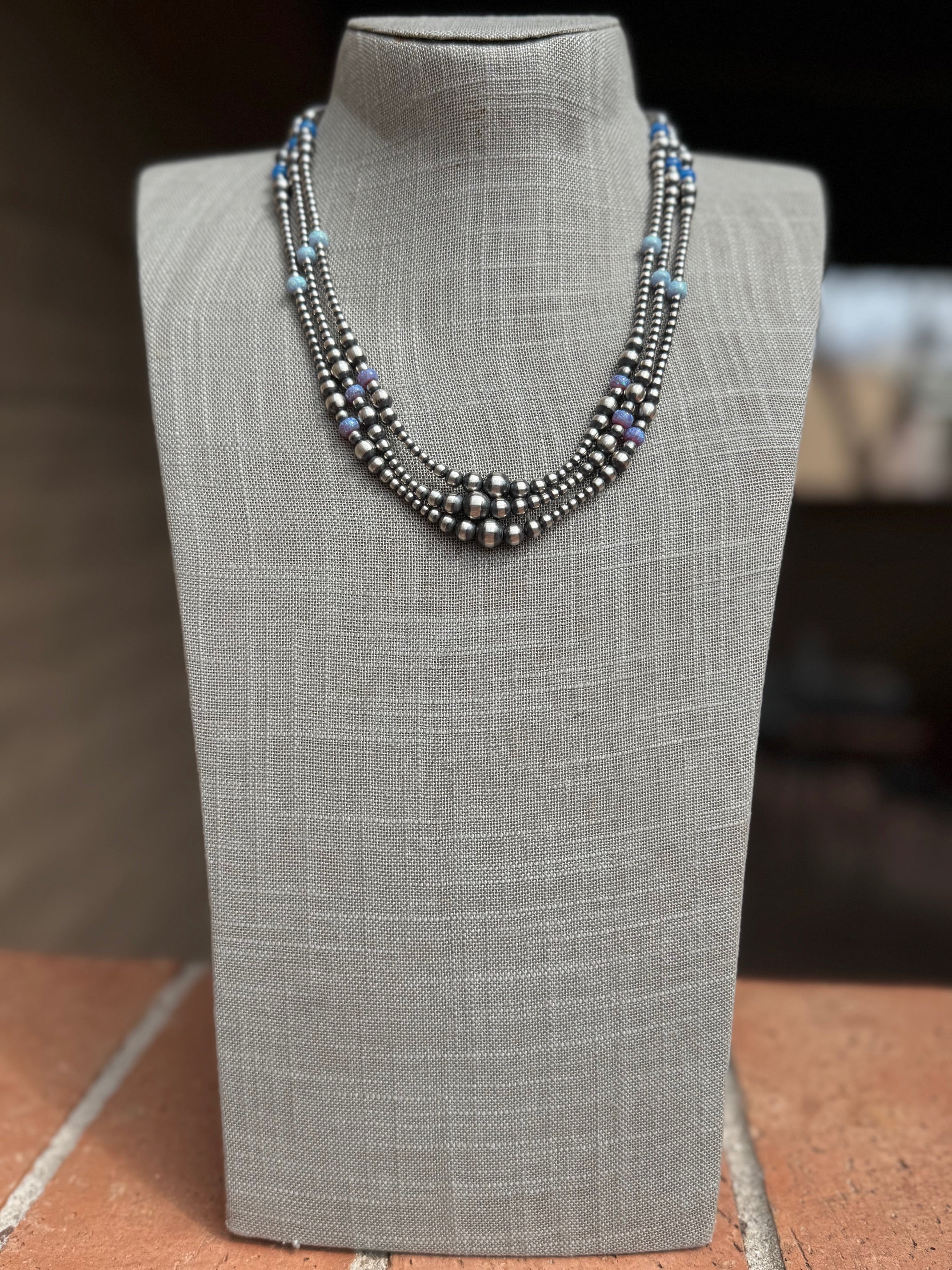 Handcrafted Blue Opal & Sterling Silver Beaded 3-6mm Necklace 20"