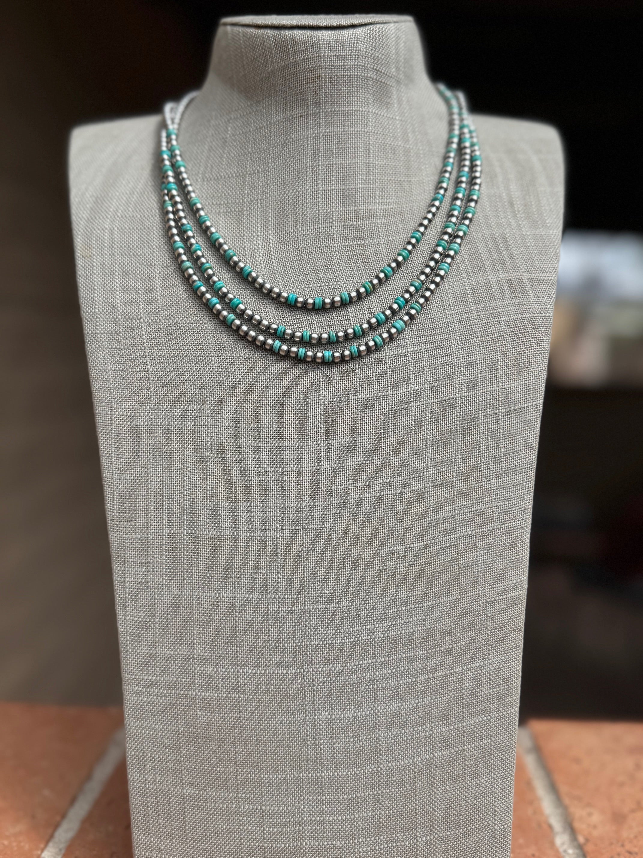 Handcrafted Kingman Turquoise & Sterling Silver 4mm Beaded Necklace 20"