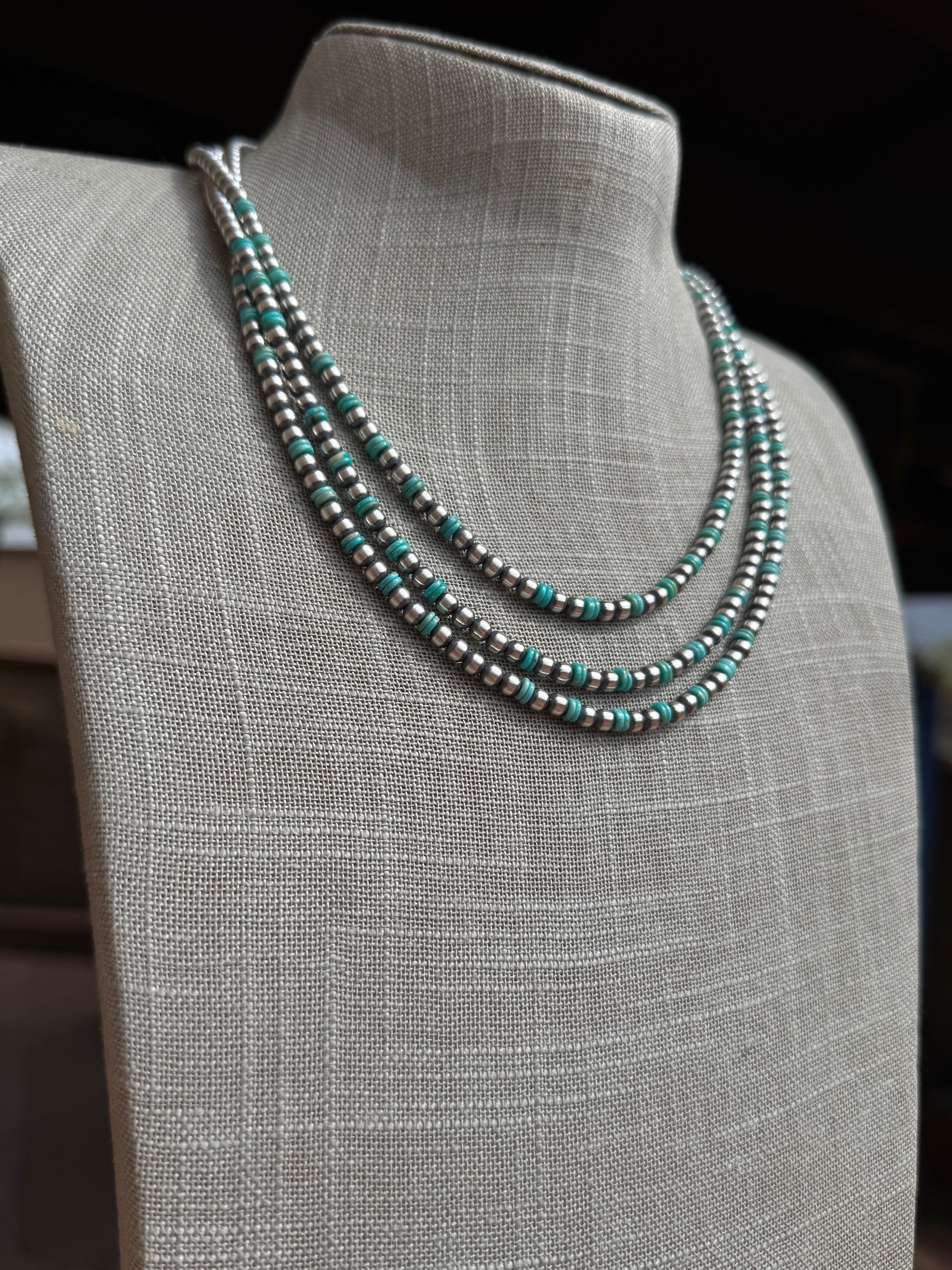 Handcrafted Kingman Turquoise & Sterling Silver 4mm Beaded Necklace 20"