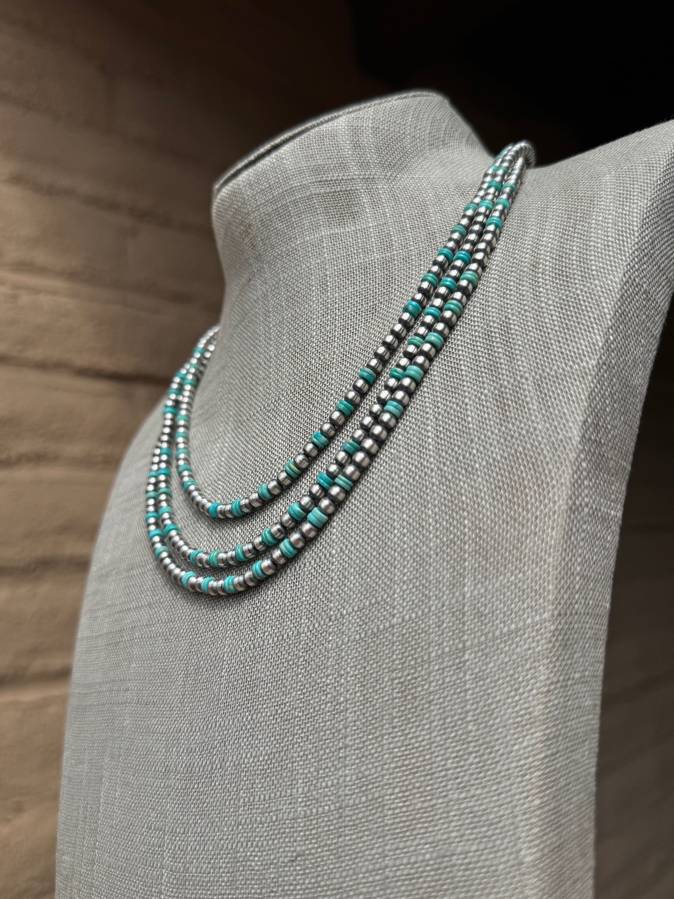 Handcrafted Kingman Turquoise & Sterling Silver 4mm Beaded Necklace 20"