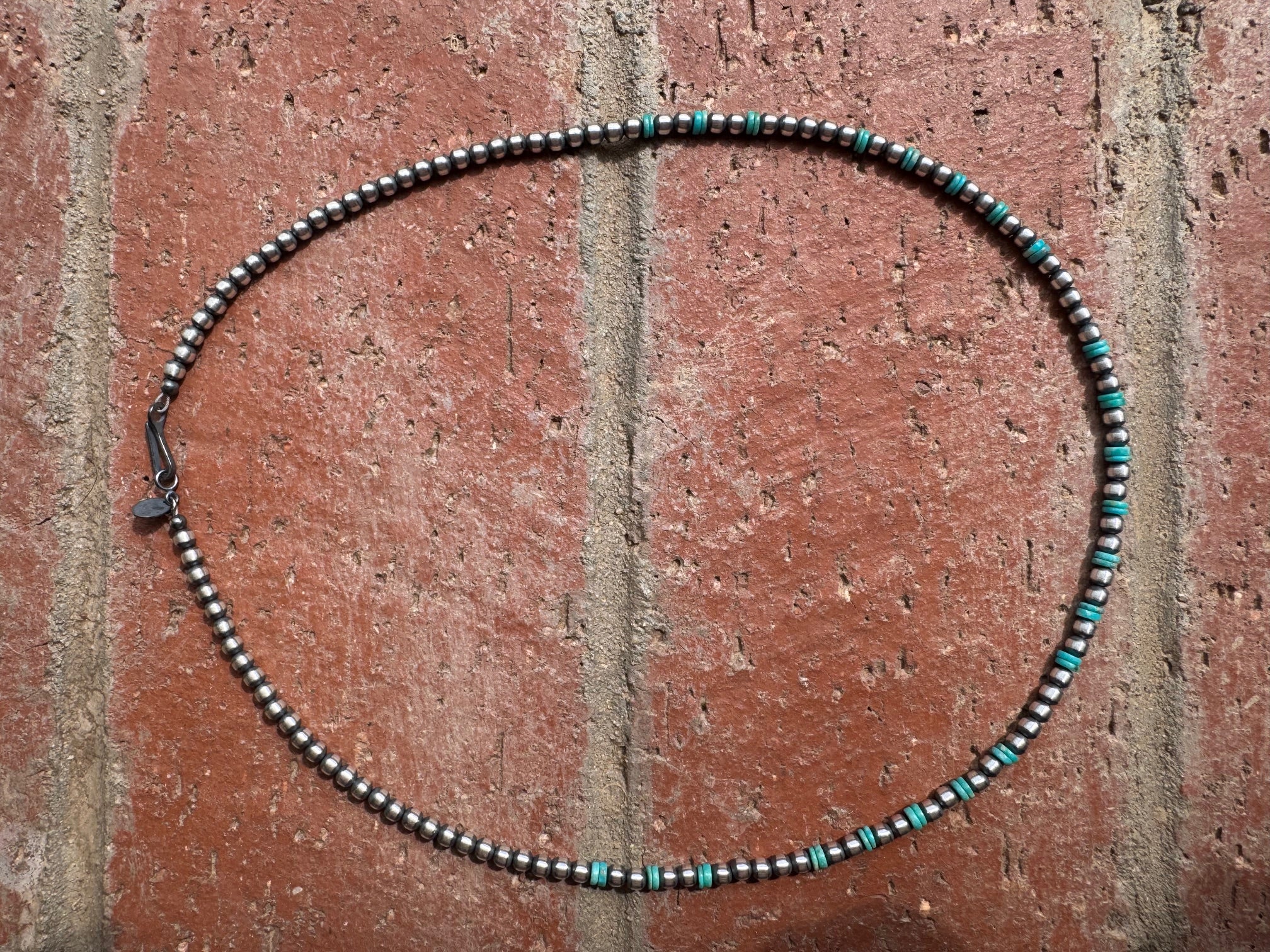 Handcrafted Kingman Turquoise & Sterling Silver 4mm Beaded Necklace 20"