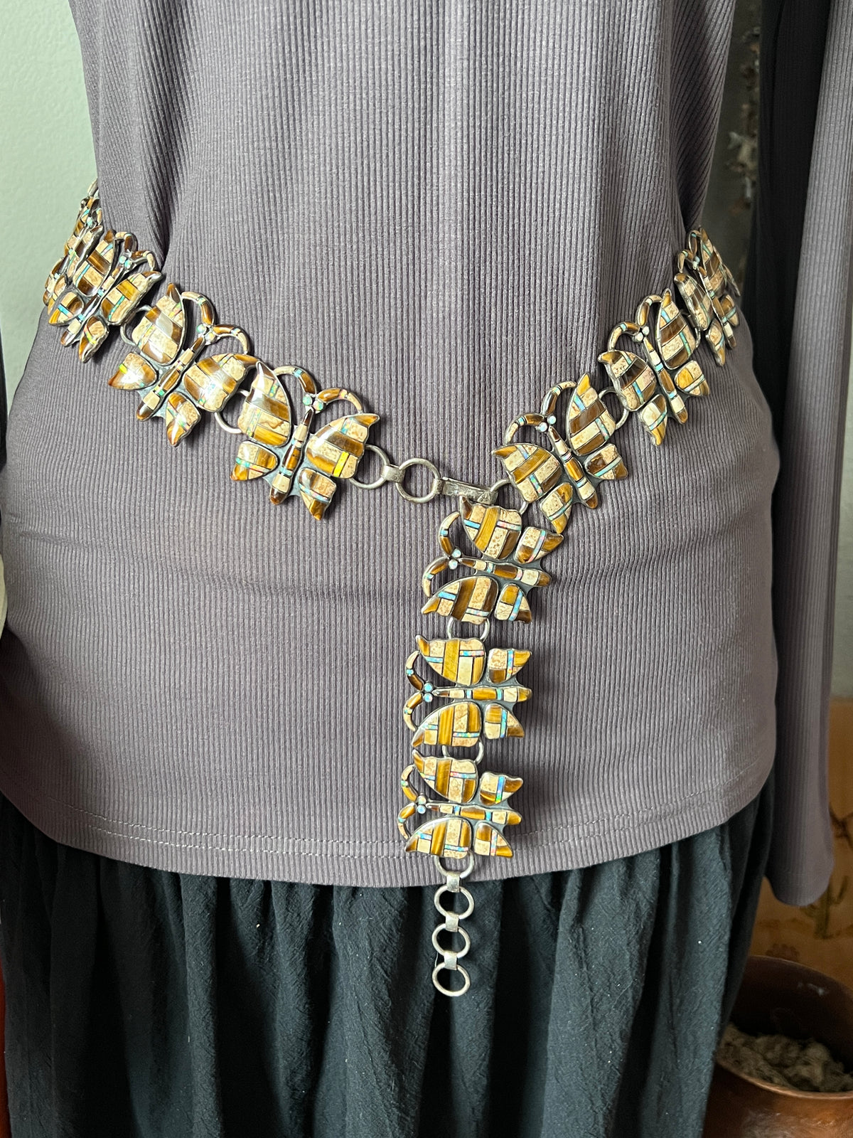 Vintage Dead Stock Handcrafted Sterling Silver and Inlay Multistone Butterfly Southwestern Style Link Belt, Tiger Eye