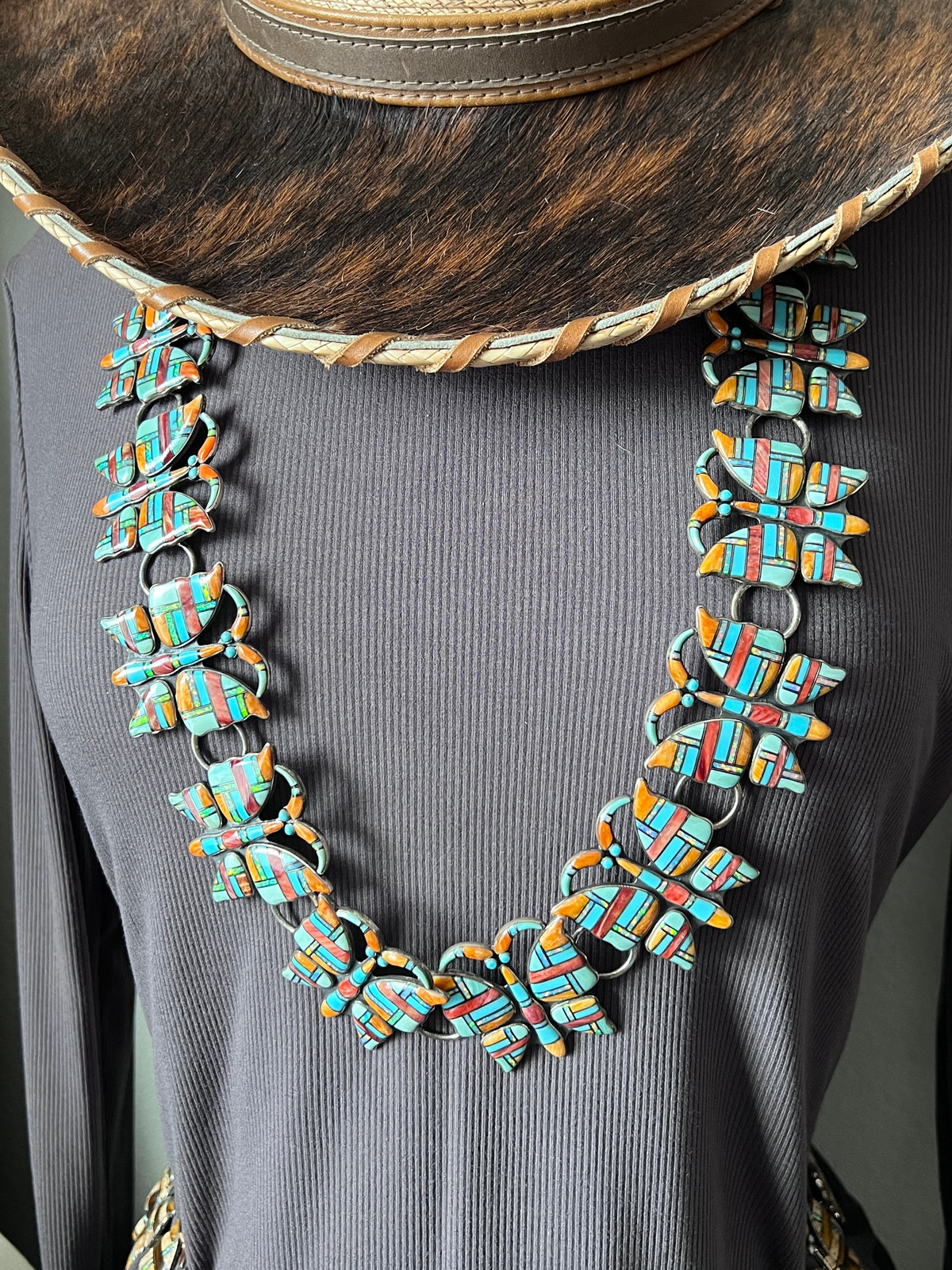 Vintage Dead Stock Handcrafted Sterling Silver and Inlay Multistone Butterfly Southwestern Style Link Belt, Turquoise
