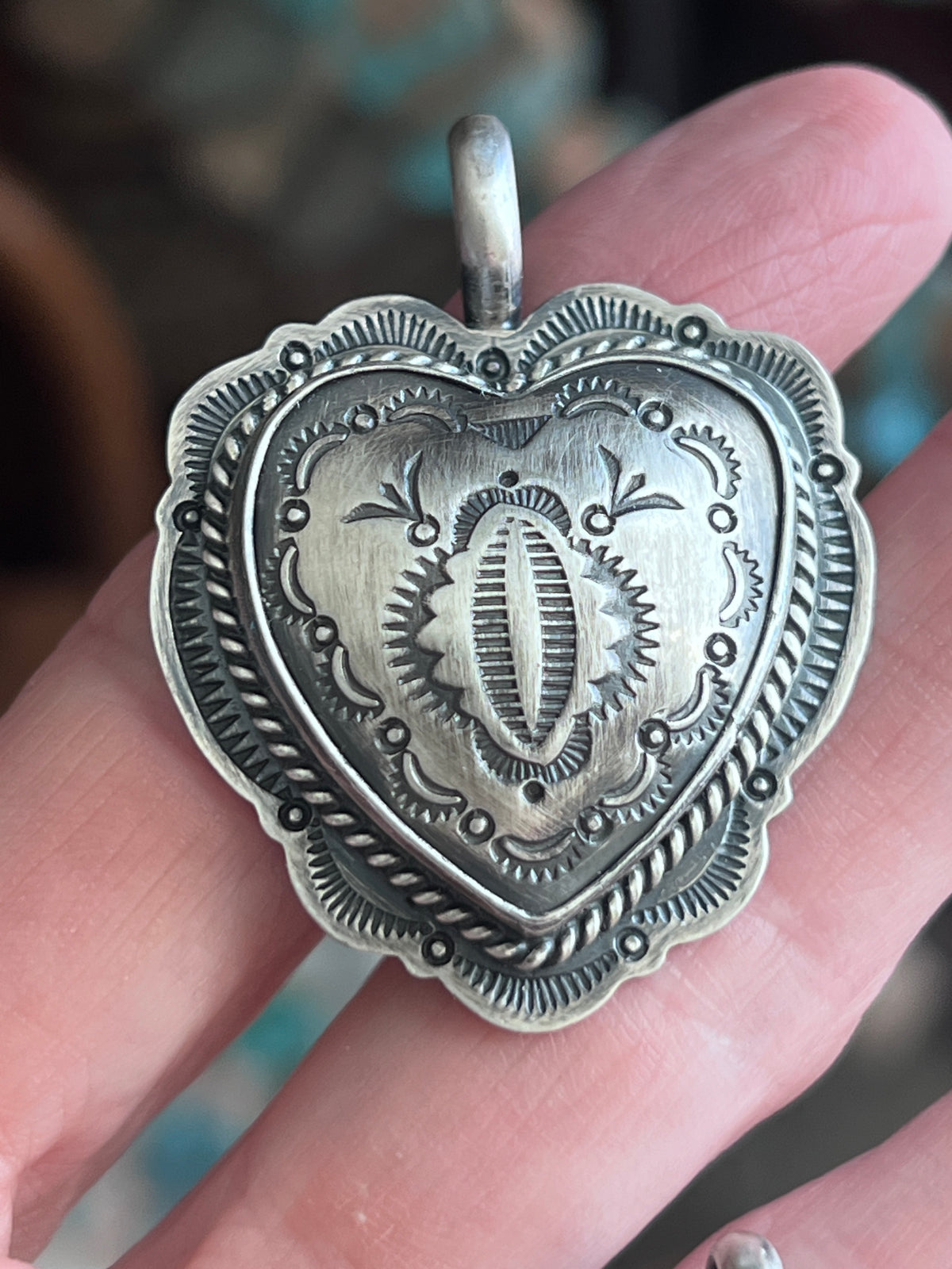 Hand Stamped Sterling Silver Heart Pendants by Murphy Platero, Medium