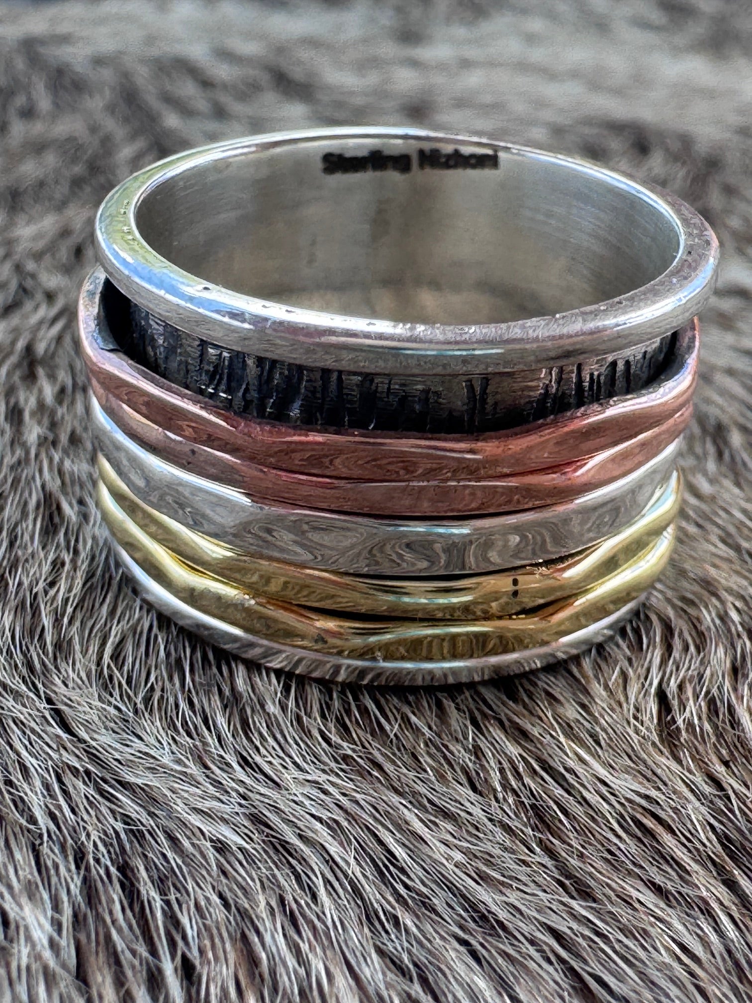 Handmade Sterling Silver, Copper, & Brass 5 Row Spinner Ring