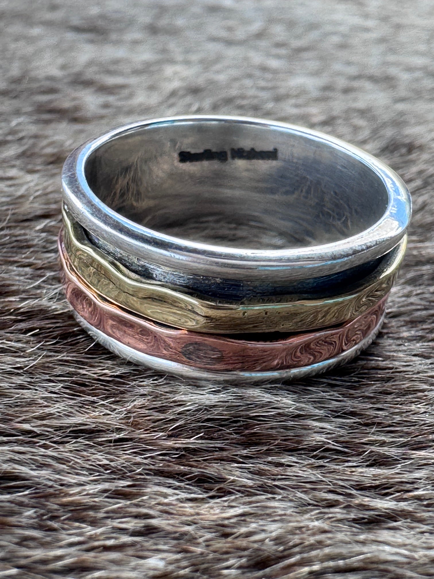 Handmade Sterling Silver, Copper, & Brass Double Row Spinner Ring