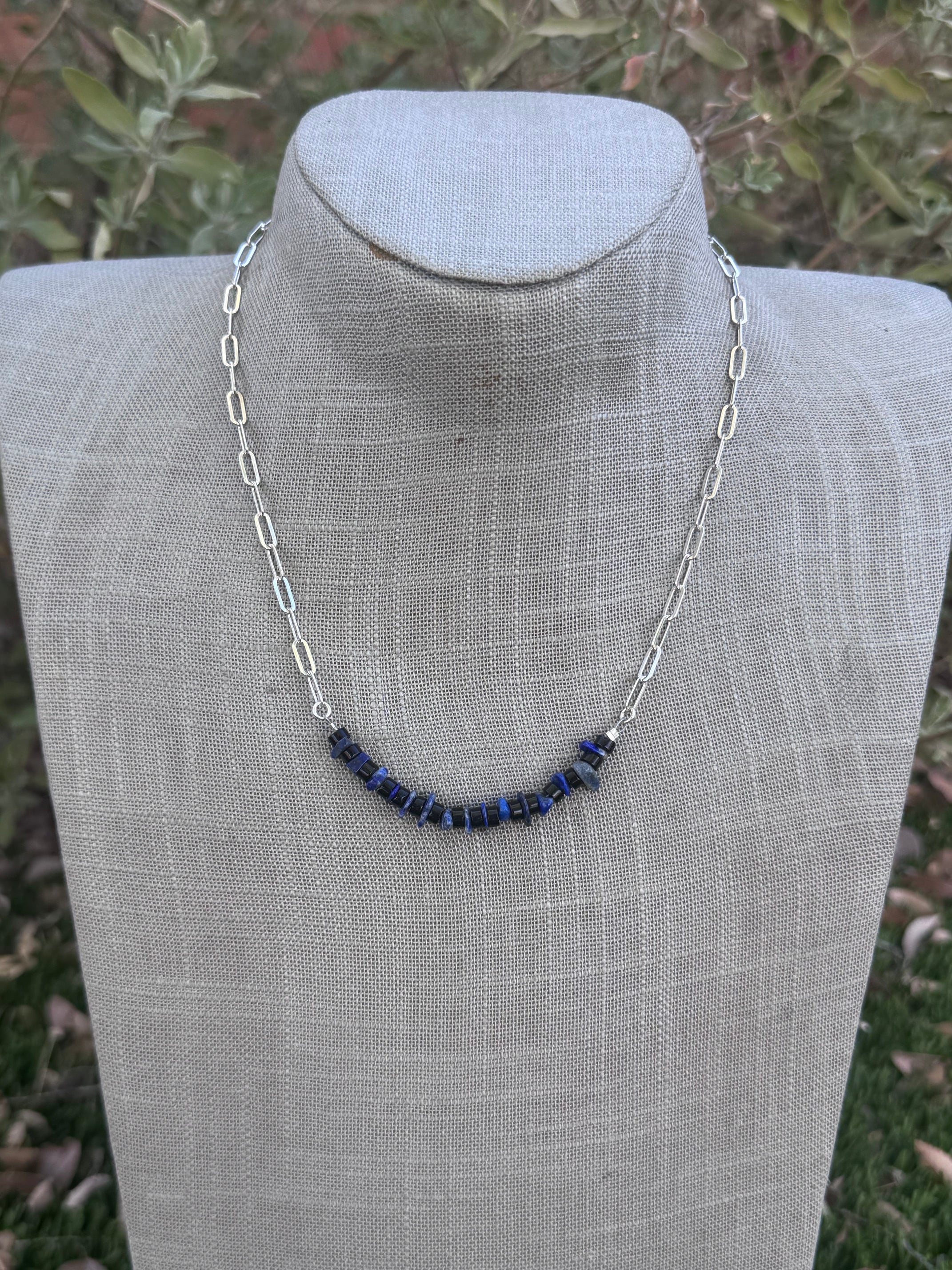 Handmade Sterling Silver Lapis And Black Onyx Beaded Necklace by Roaming Buffalo