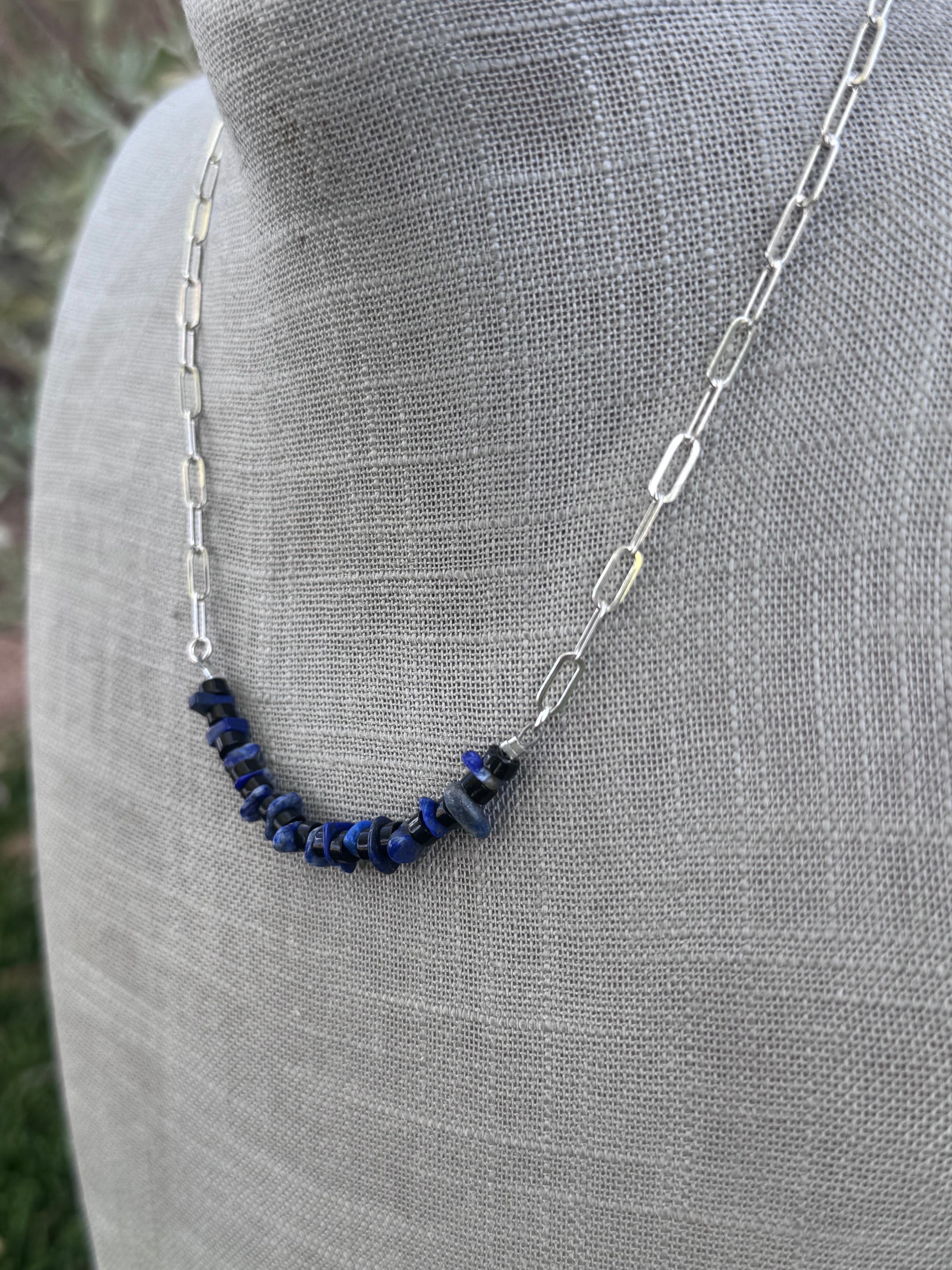 Handmade Sterling Silver Lapis And Black Onyx Beaded Necklace by Roaming Buffalo