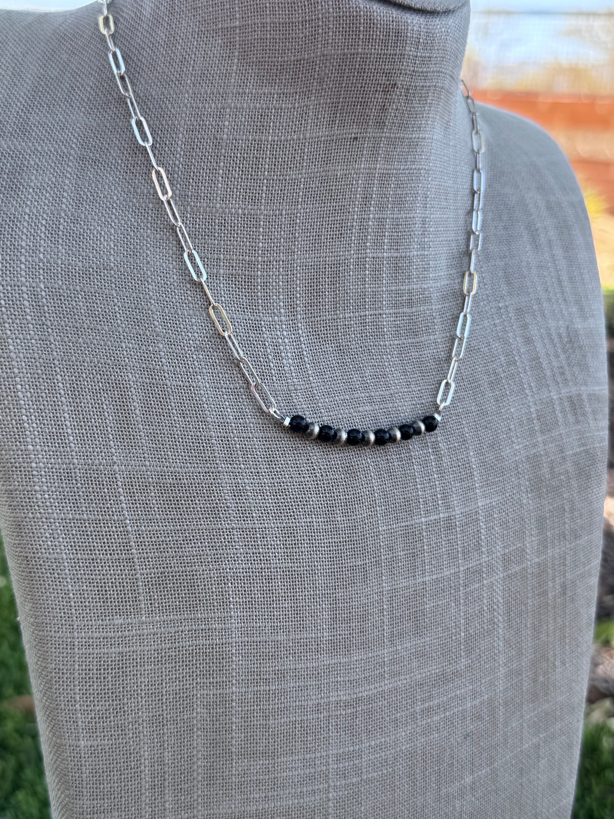Handmade Sterling Silver Pearl & Black Onyx 4mm Beaded Necklace by Roaming Buffalo 17.5"
