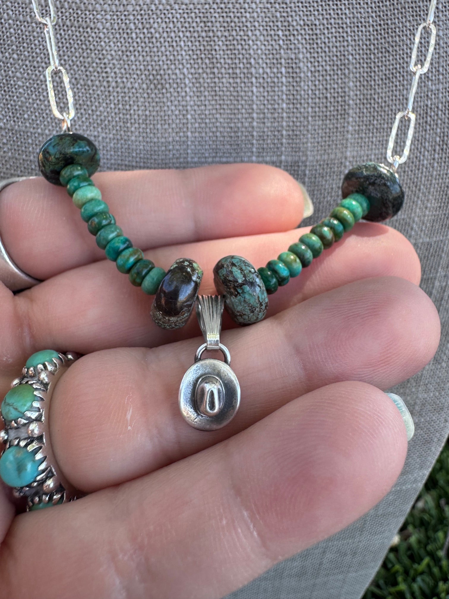Handmade Sterling Silver Hubei Mixed Beaded Cowboy Hat Necklace by Roaming Buffalo 21"