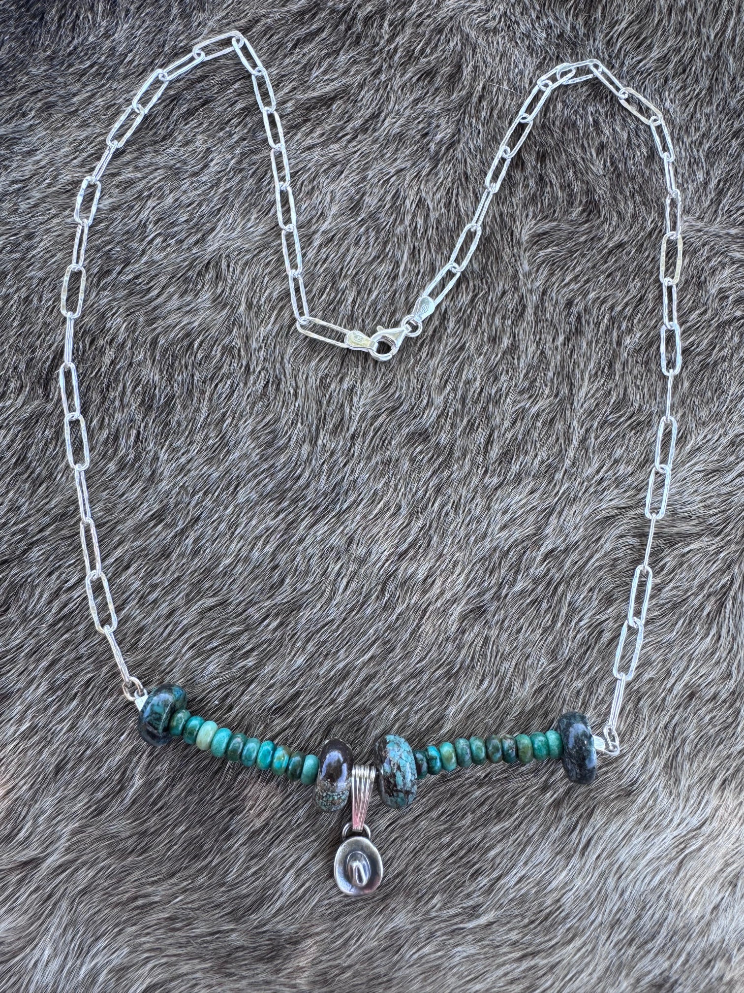 Handmade Sterling Silver Hubei Mixed Beaded Cowboy Hat Necklace by Roaming Buffalo 21"