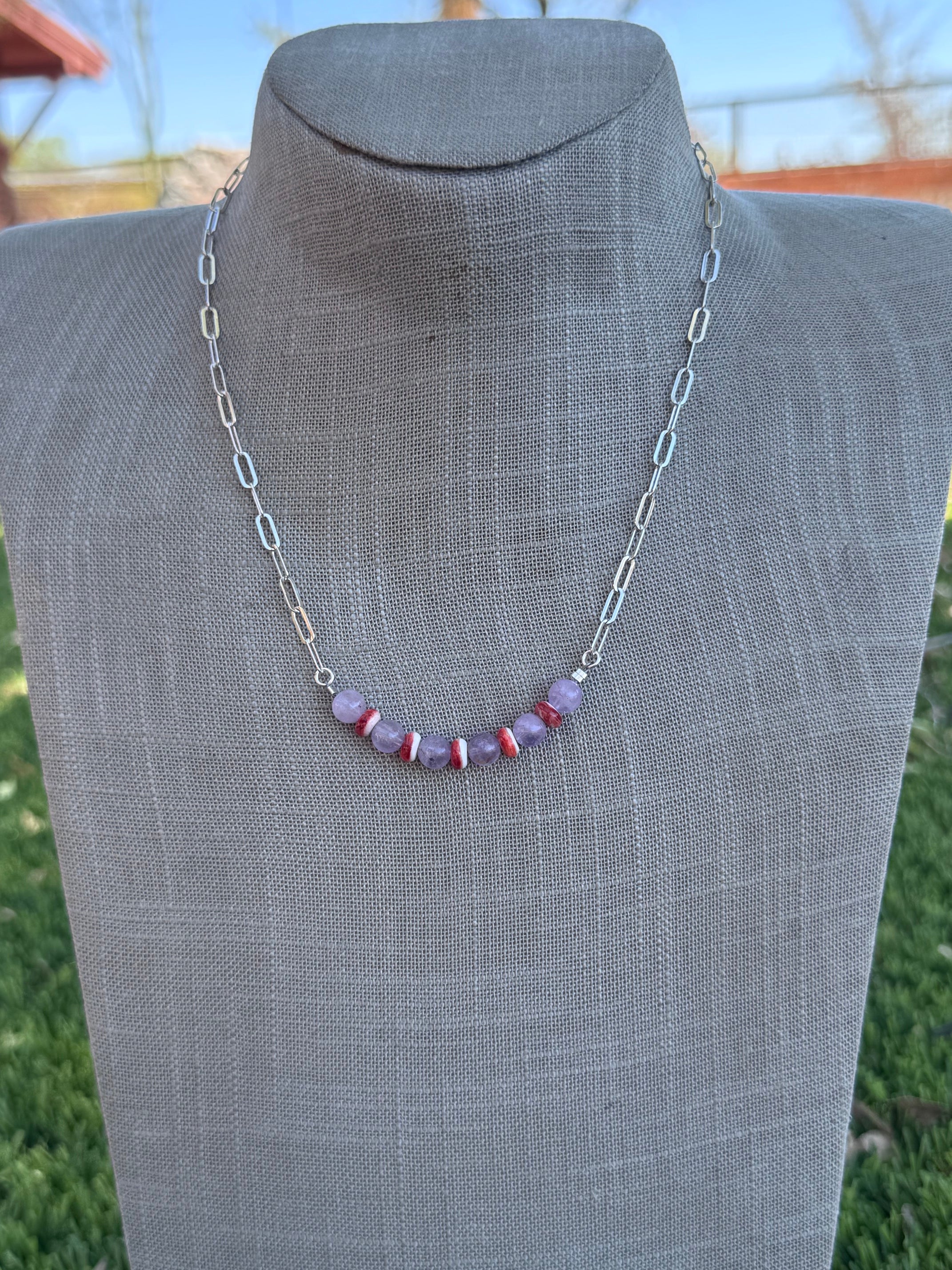 Handmade Sterling Silver Spiny Oyster & Lavender Jade Beaded Necklace by Roaming Buffalo