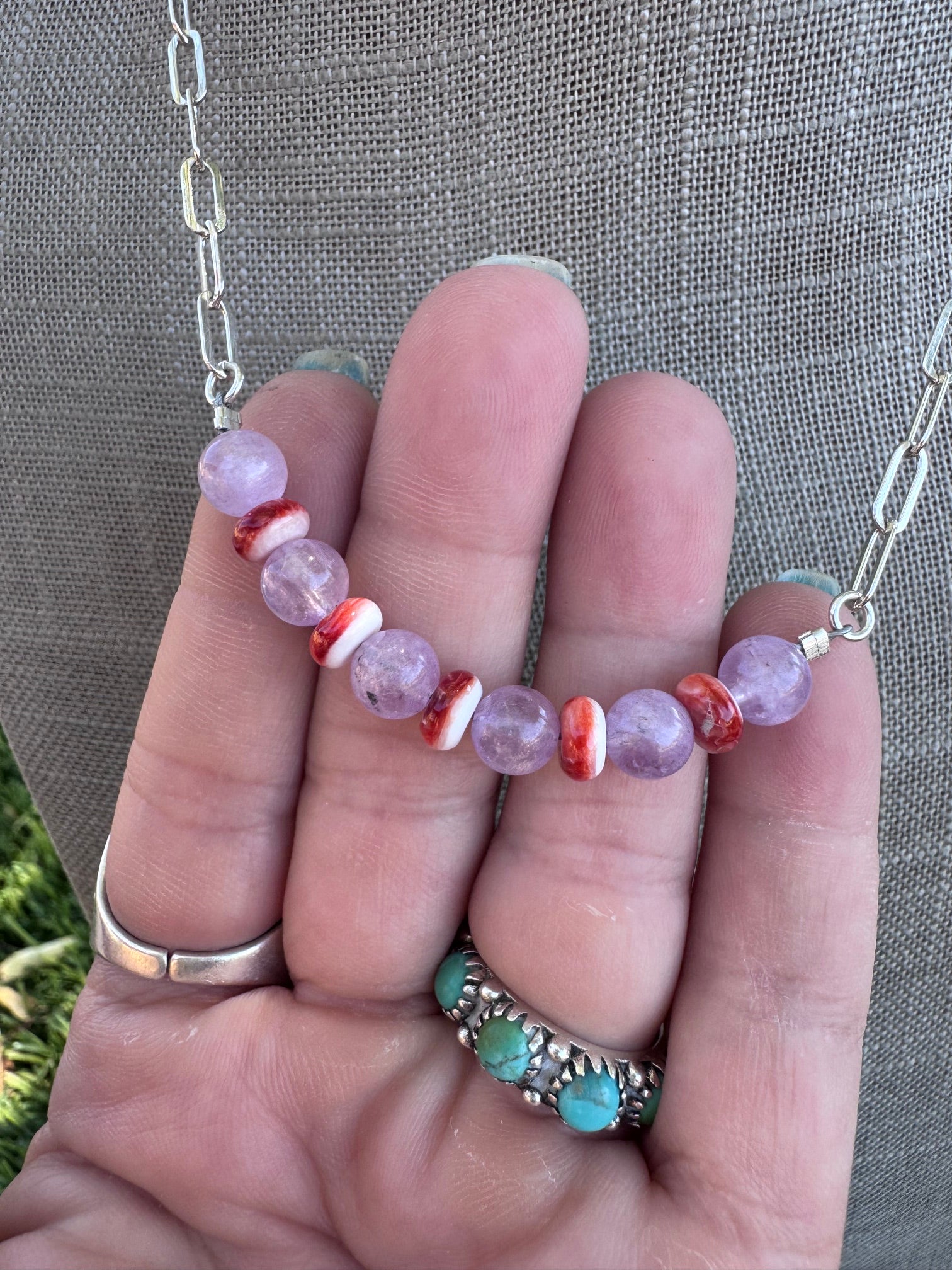 Handmade Sterling Silver Spiny Oyster & Lavender Jade Beaded Necklace by Roaming Buffalo