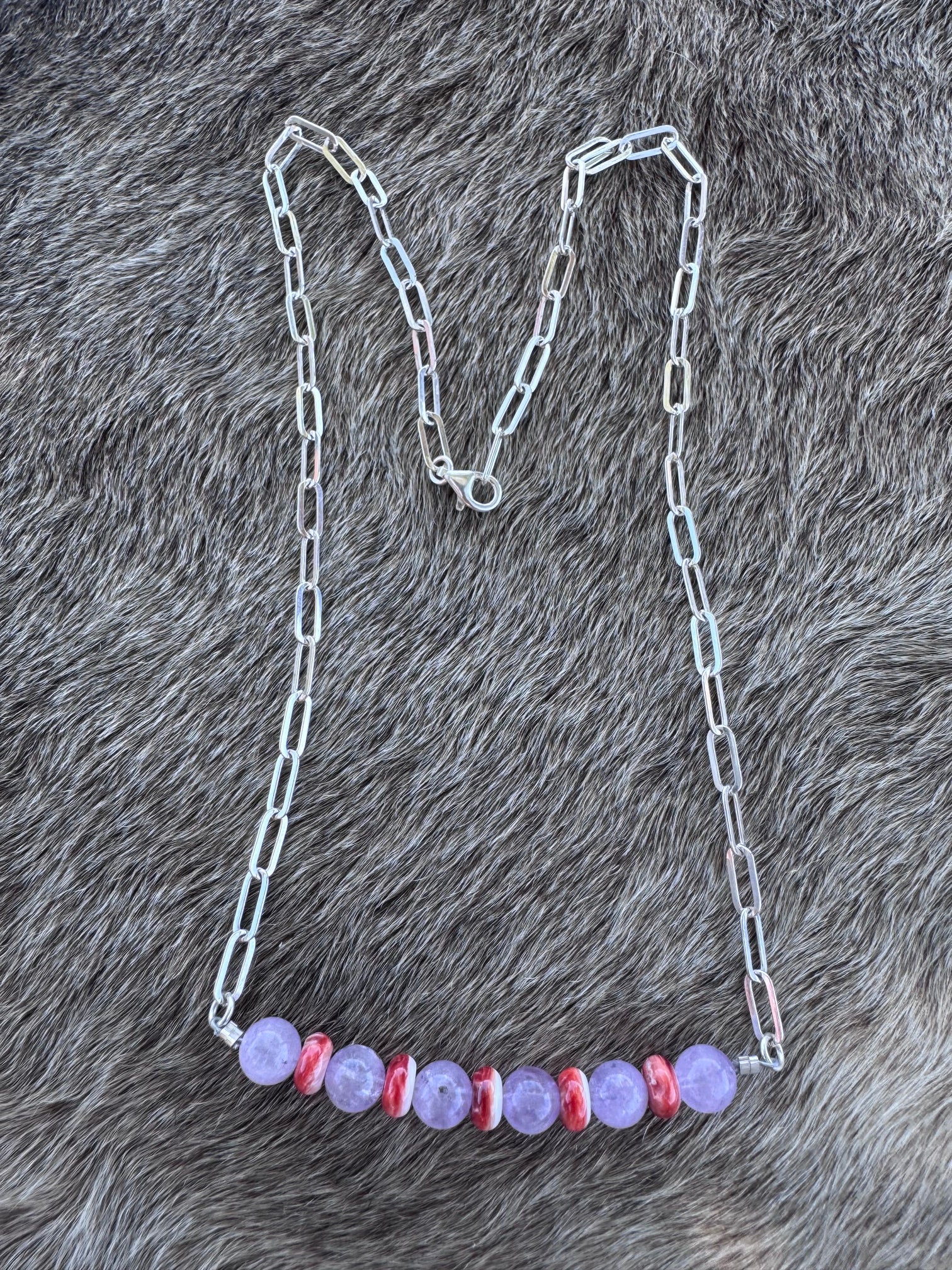 Handmade Sterling Silver Spiny Oyster & Lavender Jade Beaded Necklace by Roaming Buffalo