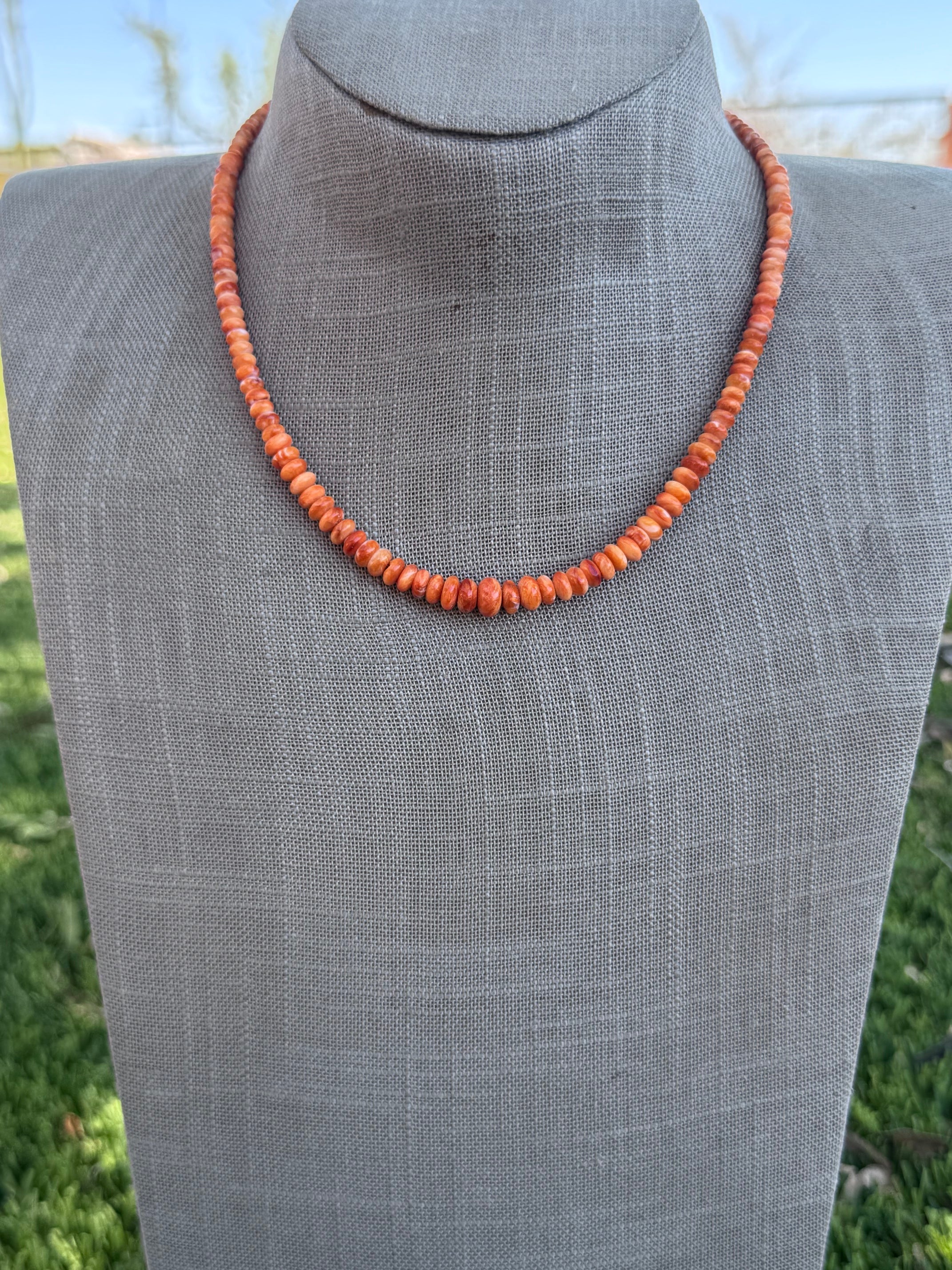 Handmade Sterling Silver Orange Spiny Oyster Beaded Necklace by Roaming Buffalo 16.5"