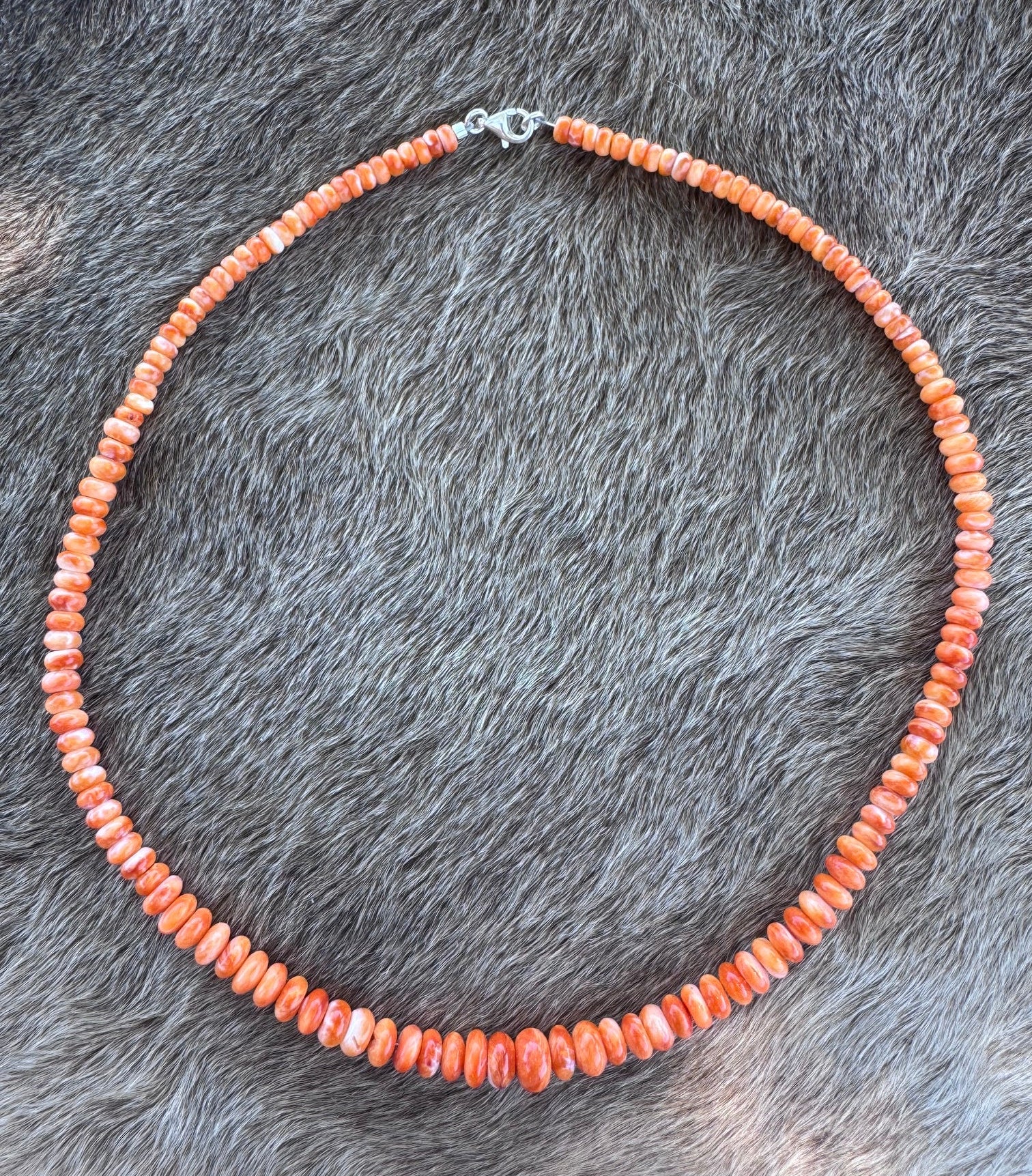 Handmade Sterling Silver Orange Spiny Oyster Beaded Necklace by Roaming Buffalo 16.5"