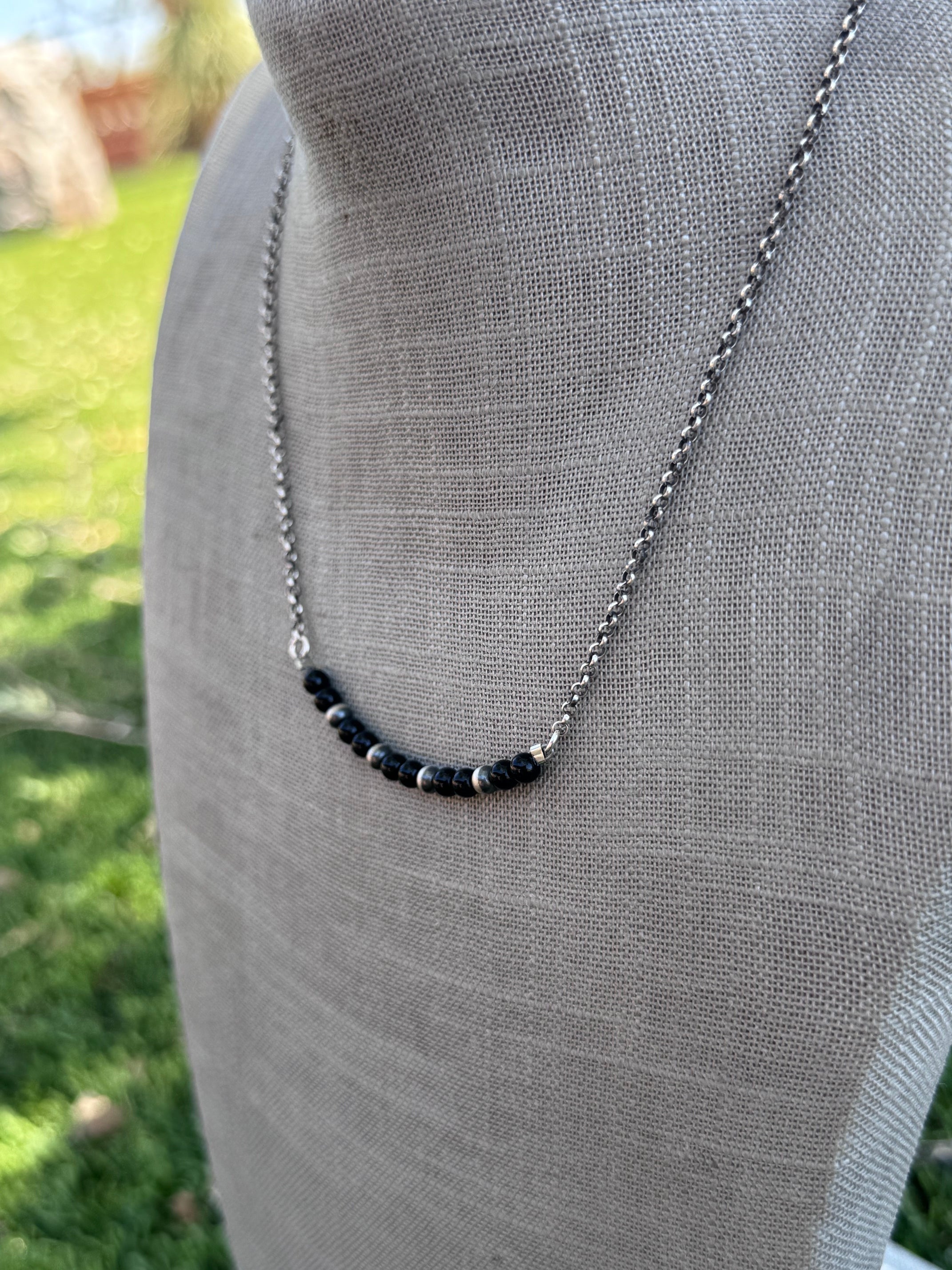 Handmade Sterling Silver Pearl & Black Onyx 4mm Beaded Necklace by Roaming Buffalo