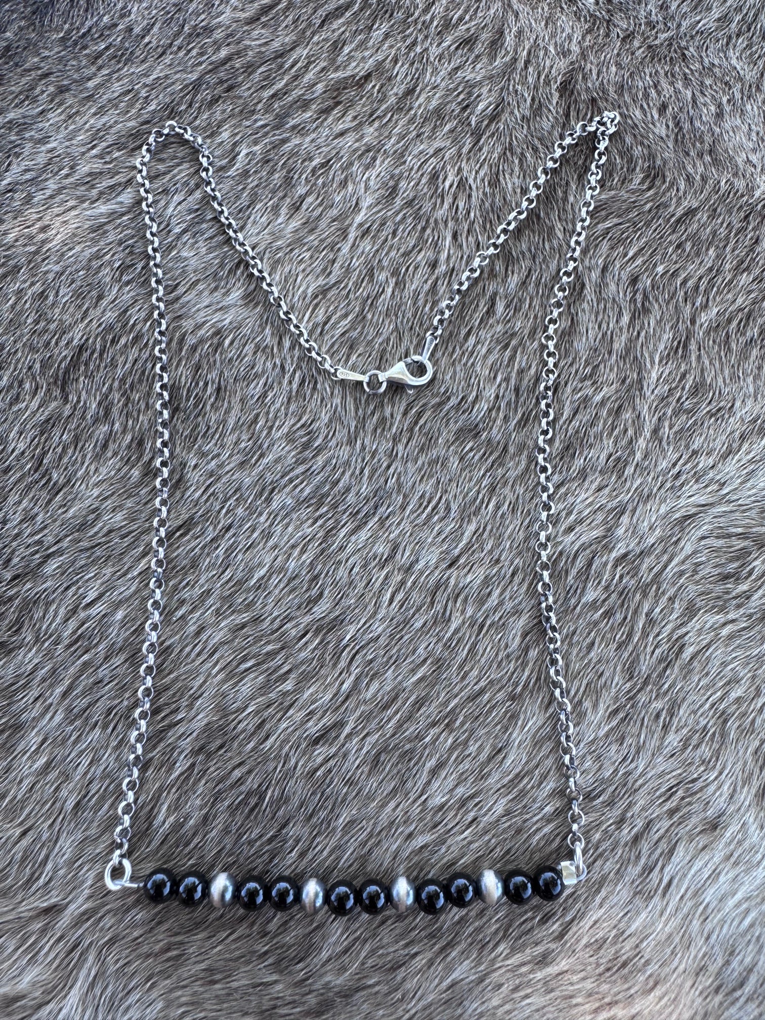 Handmade Sterling Silver Pearl & Black Onyx 4mm Beaded Necklace by Roaming Buffalo