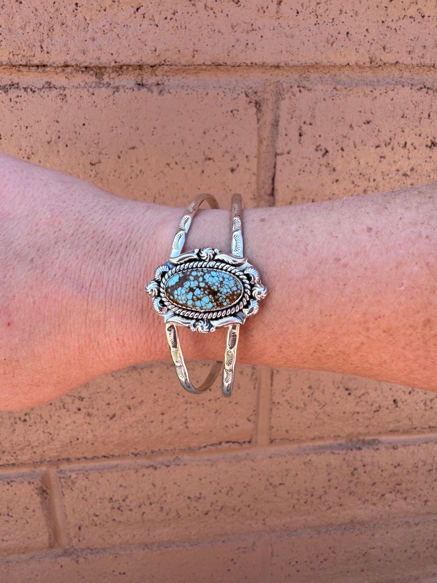 Handmade Sterling Silver & Single Stone Number 8 Turquoise Adjustable Cuff Bracelet