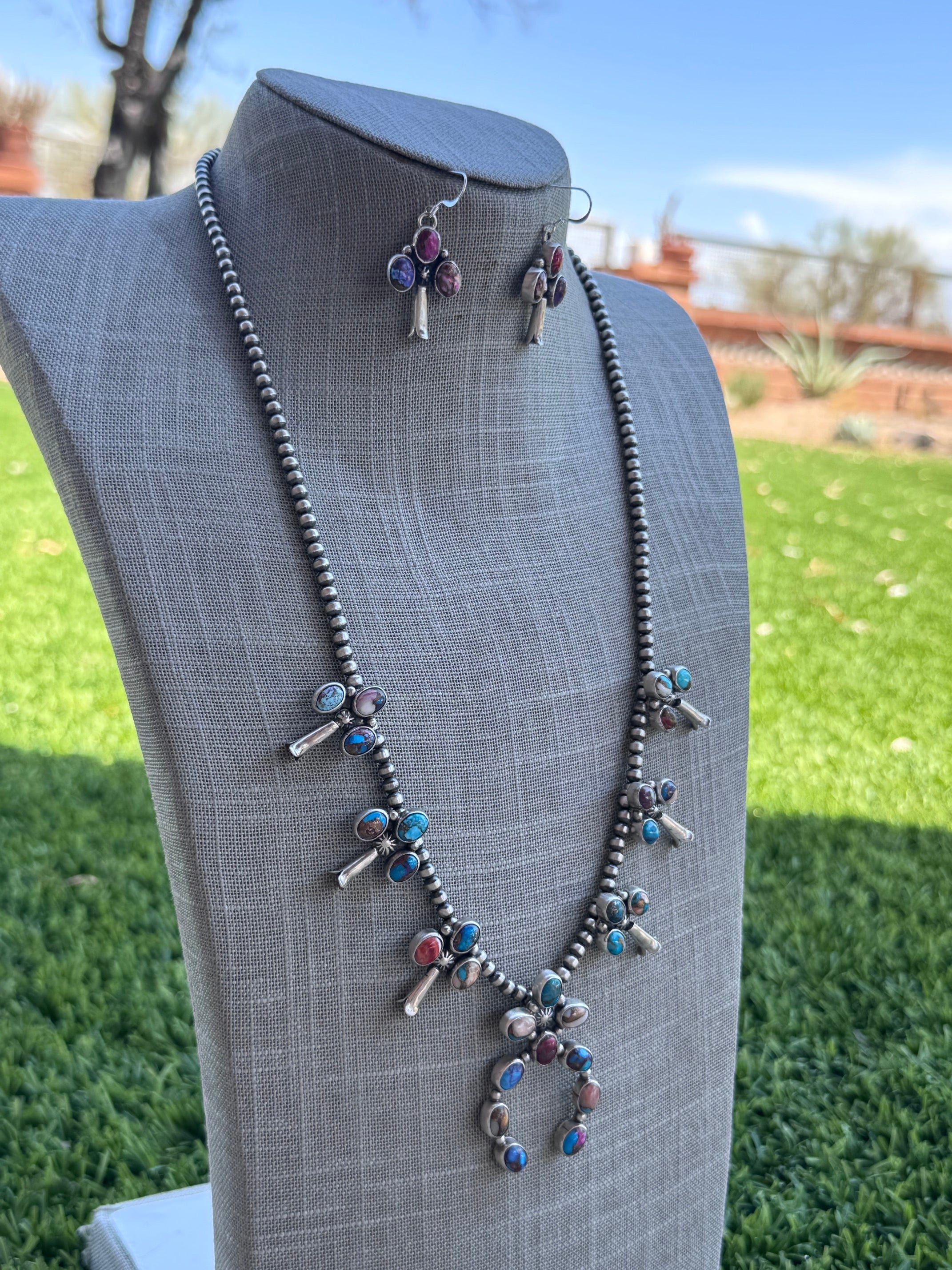Handcrafted Pink Dream Mojave & Sterling Silver Pearl 4mm Beaded Naja Necklace Earring Set