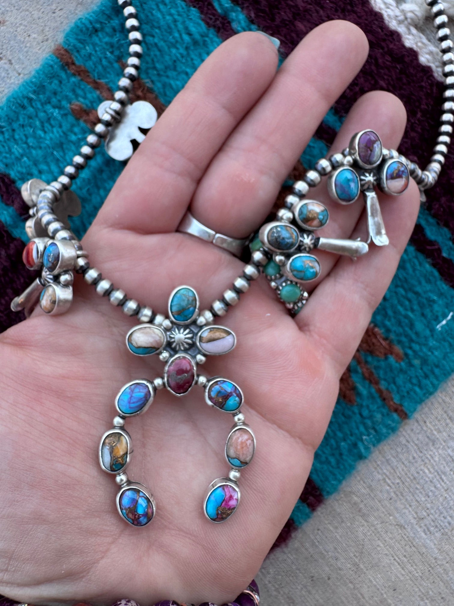 Handcrafted Pink Dream Mojave & Sterling Silver Pearl 4mm Beaded Naja Necklace Earring Set