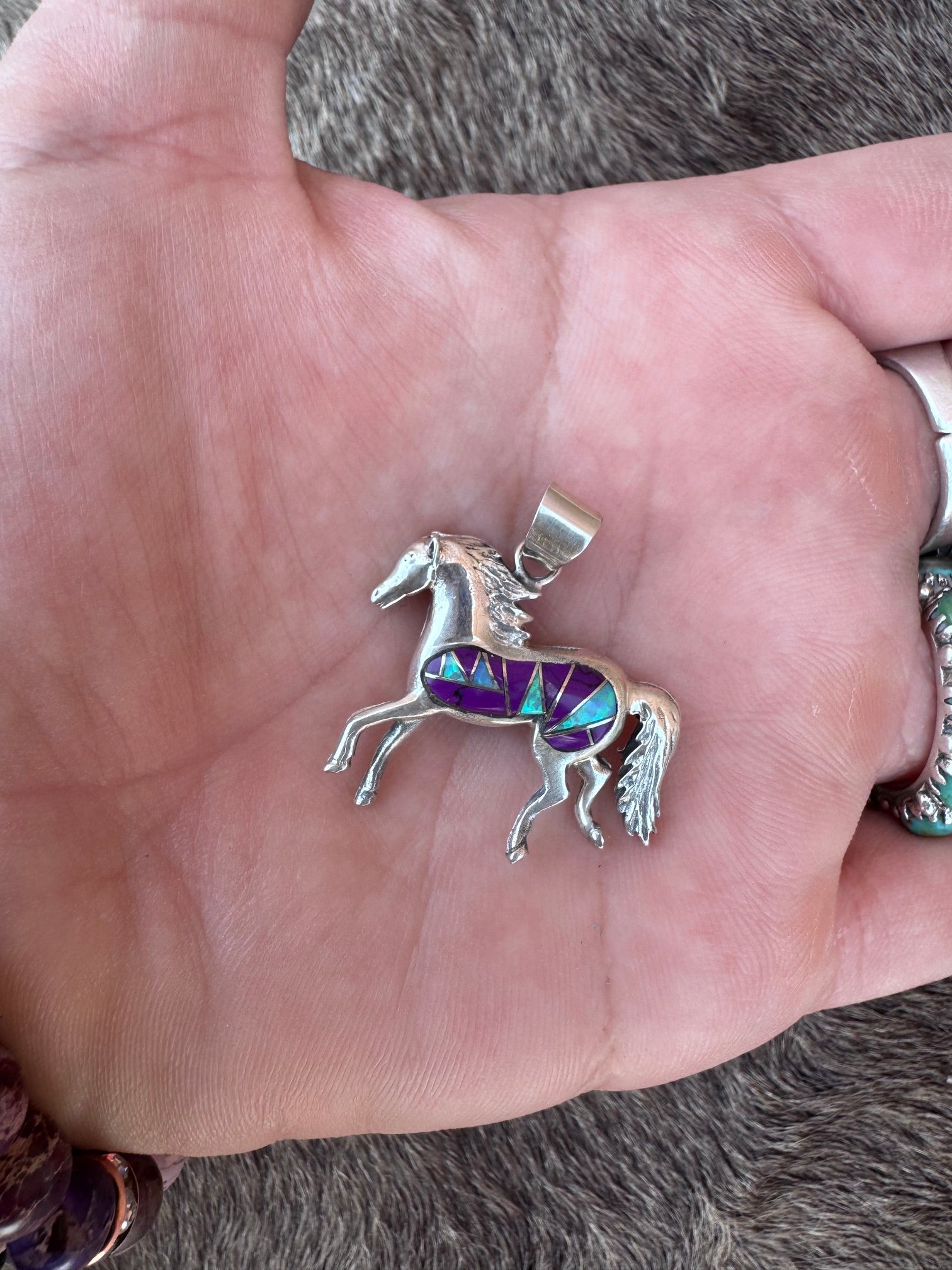 Handmade Sterling Silver Multi Stone Inlay Horse Pendant (2)