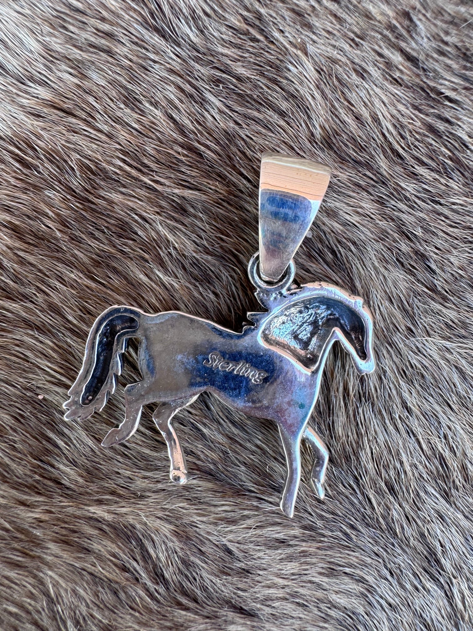 Handmade Sterling Silver Multi Stone Inlay Horse Pendant (3)