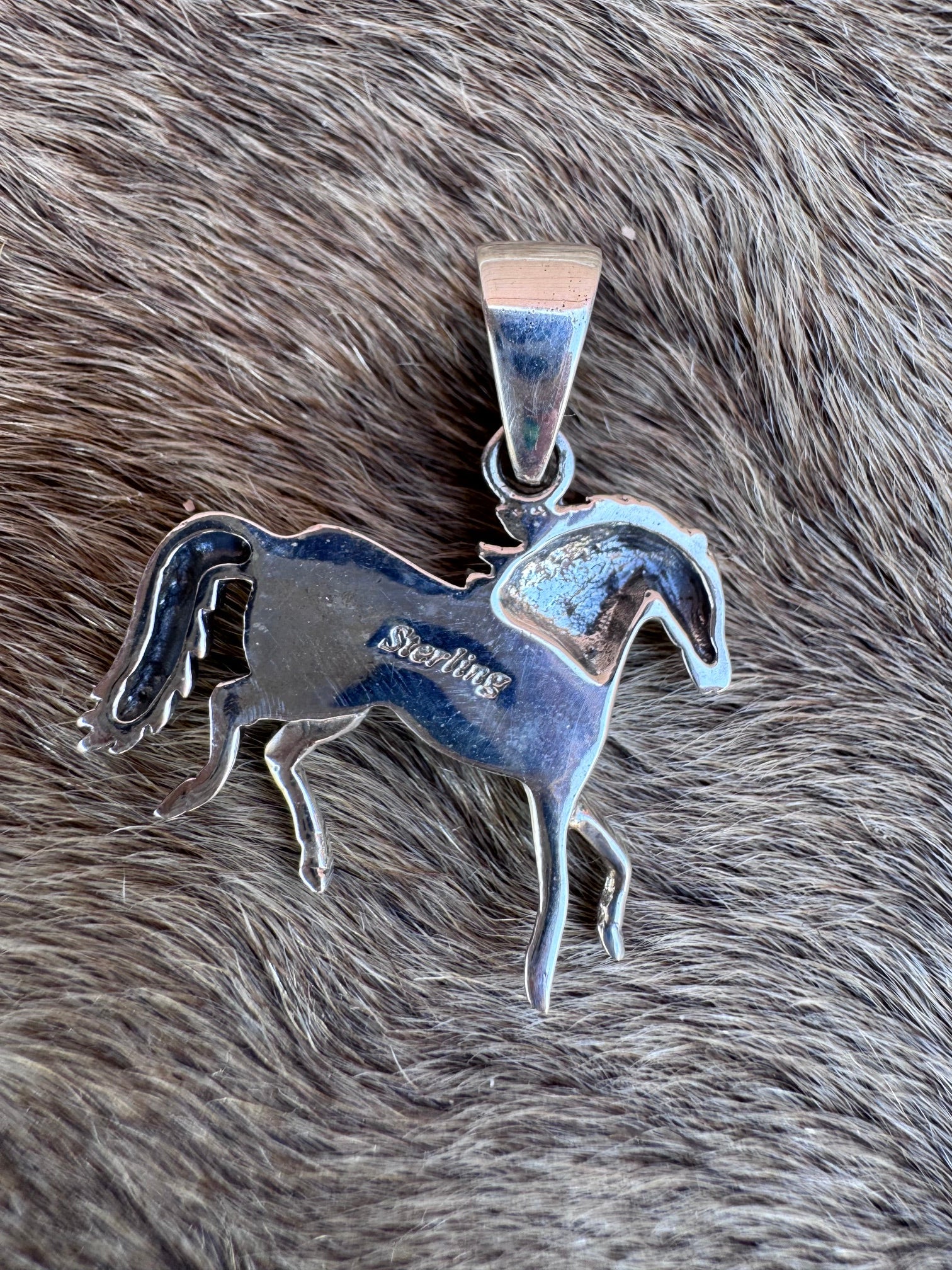 Handmade Sterling Silver Light Blue Fire Opal Inlay Horse Pendant (4)