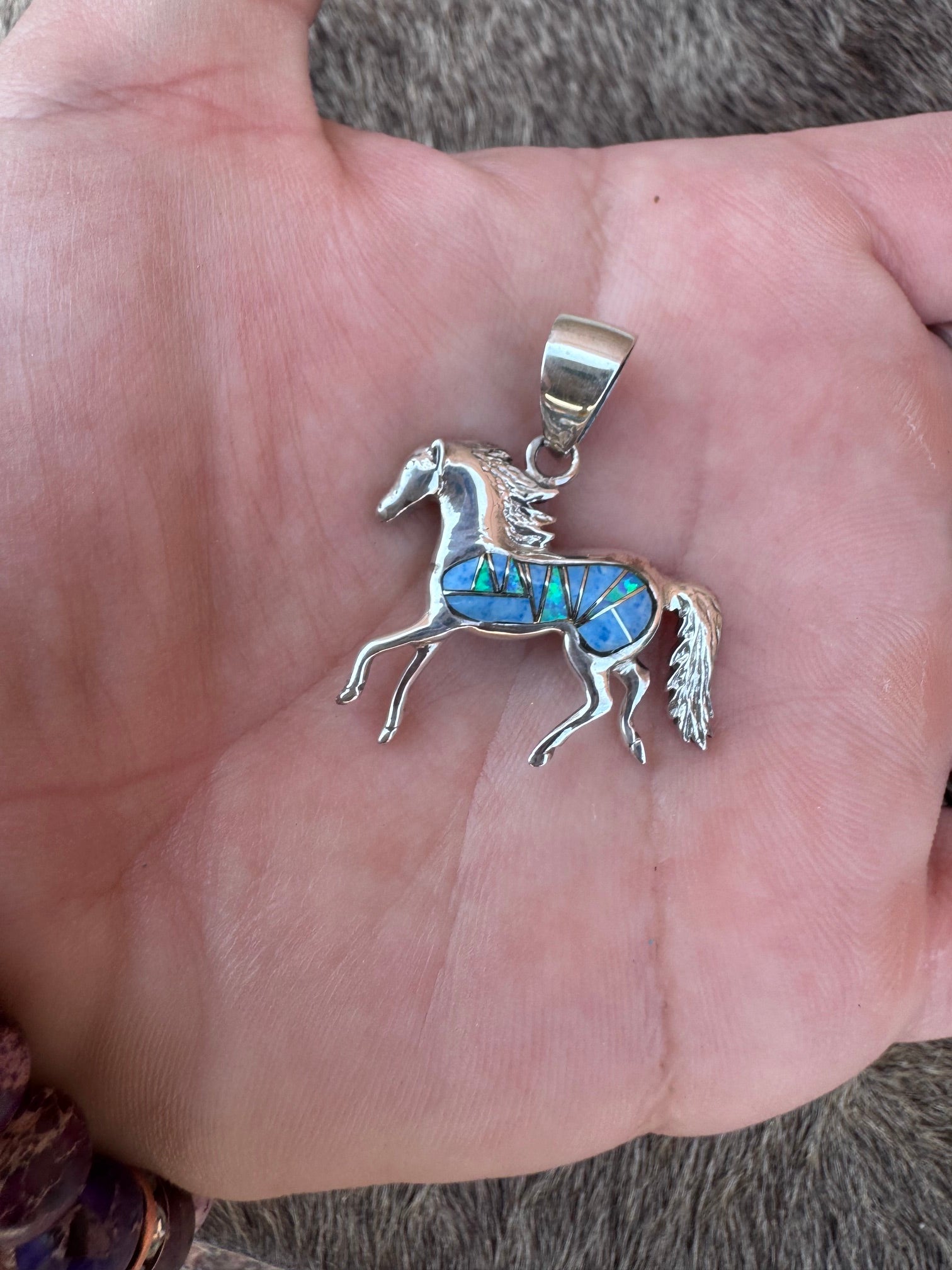 Handmade Sterling Silver Light Blue Fire Opal Inlay Horse Pendant (4)