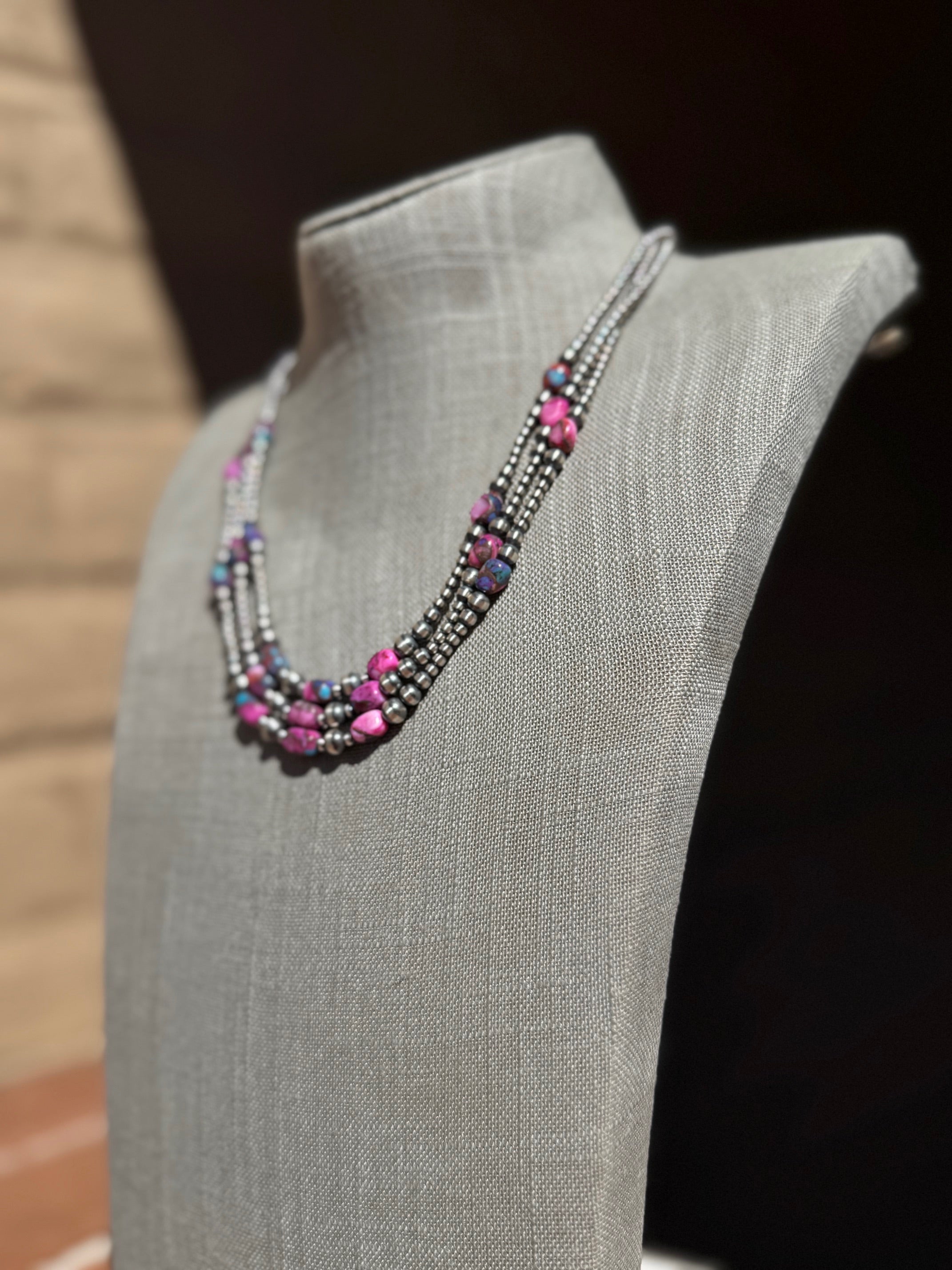 Handcrafted Sterling Silver & Pink Dream 3-6mm Beaded Necklace 20"