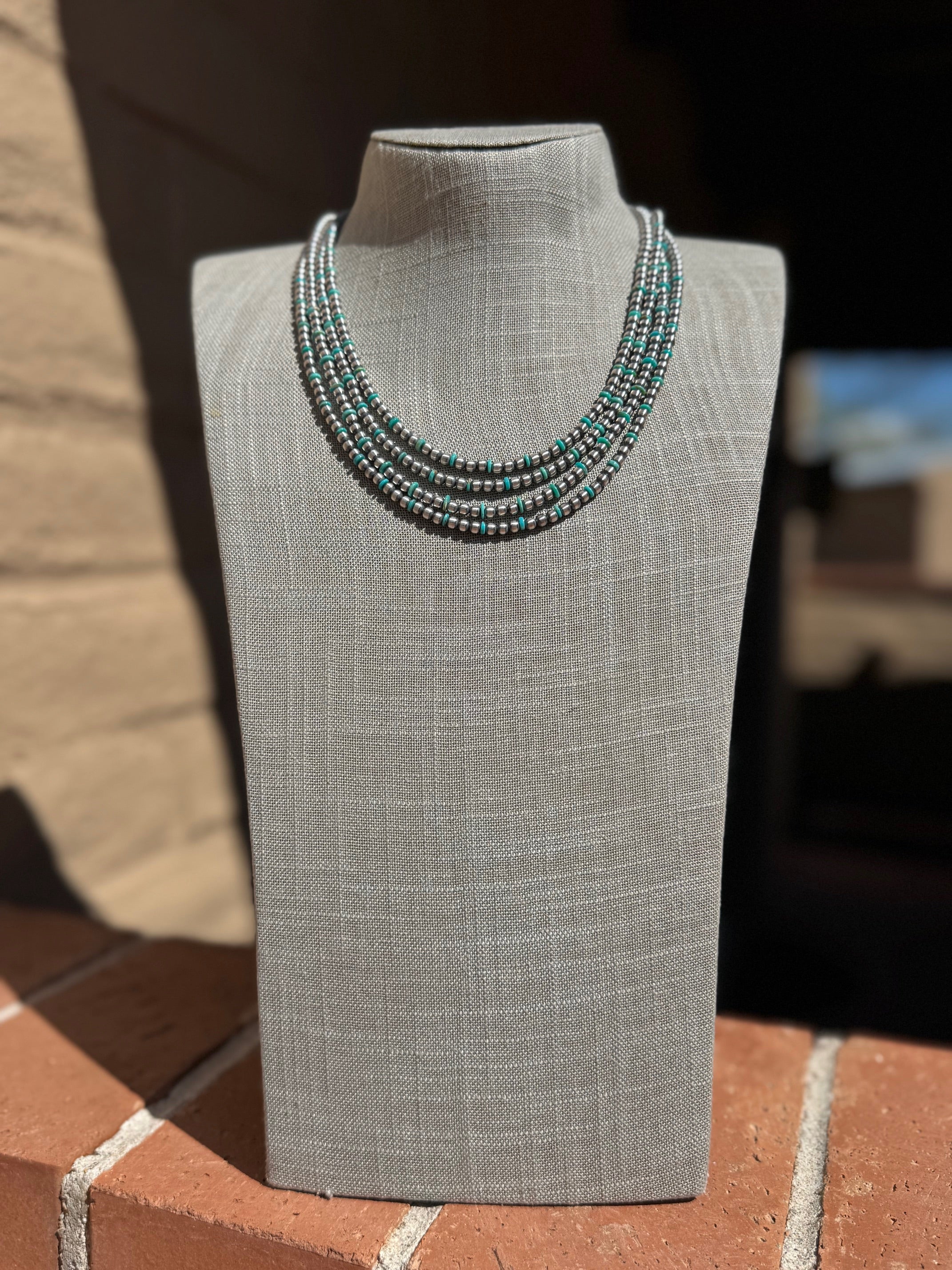 Handcrafted Kingman Turquoise & Sterling Silver 4mm Beaded Necklace 20"