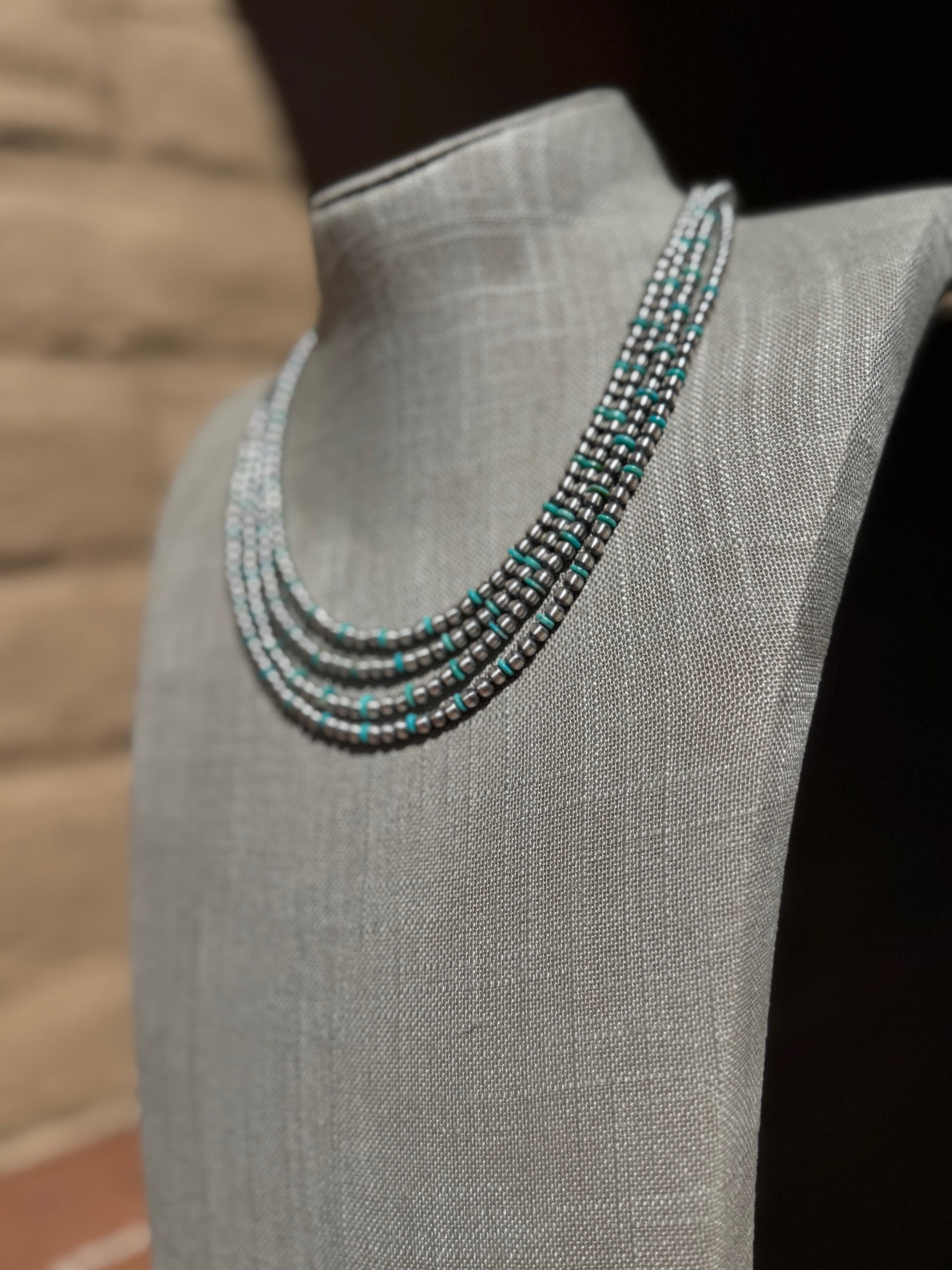 Handcrafted Kingman Turquoise & Sterling Silver 4mm Beaded Necklace 20"