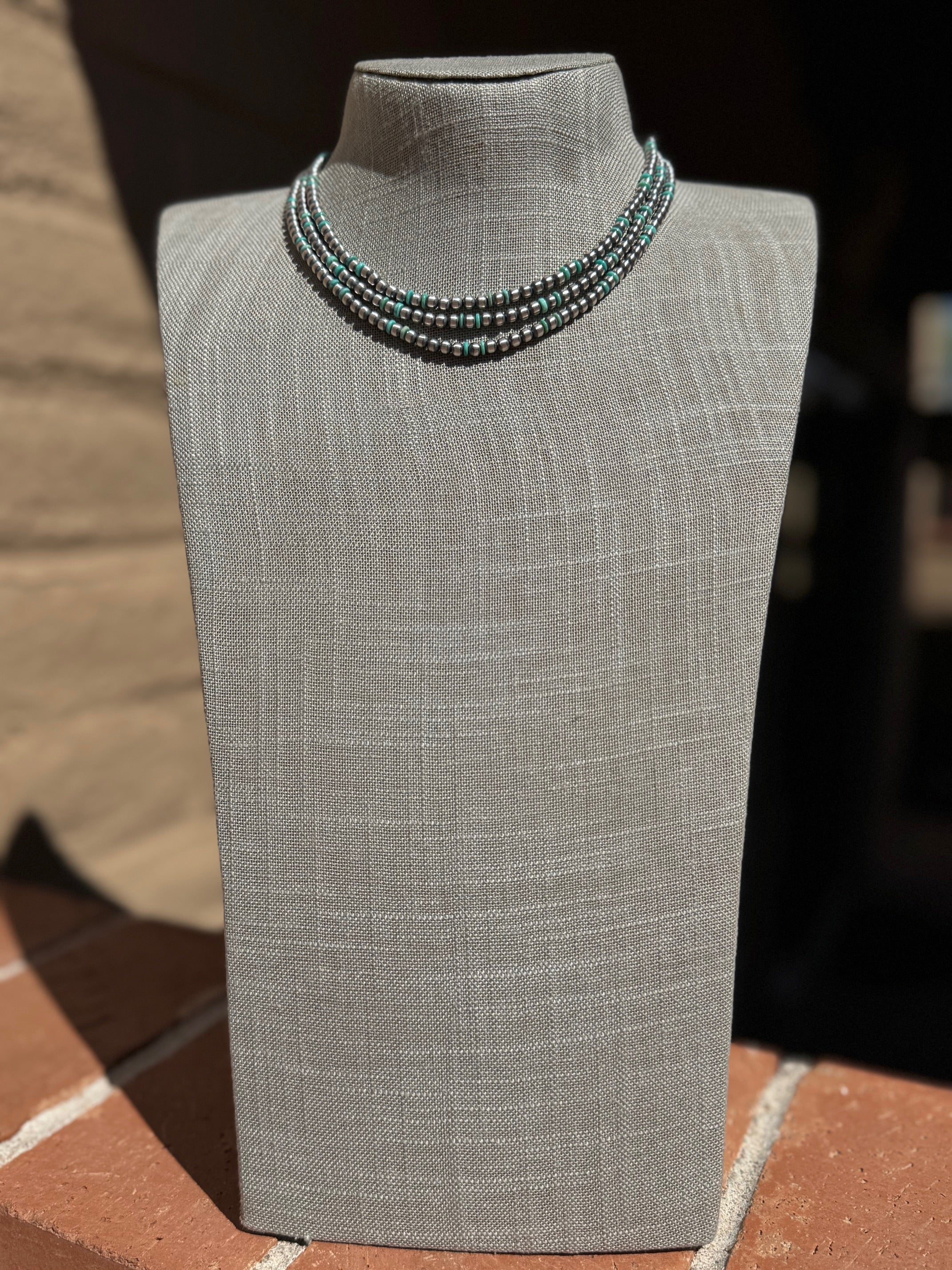 Handcrafted Kingman Turquoise & Sterling Silver 4mm Beaded Necklace 16"