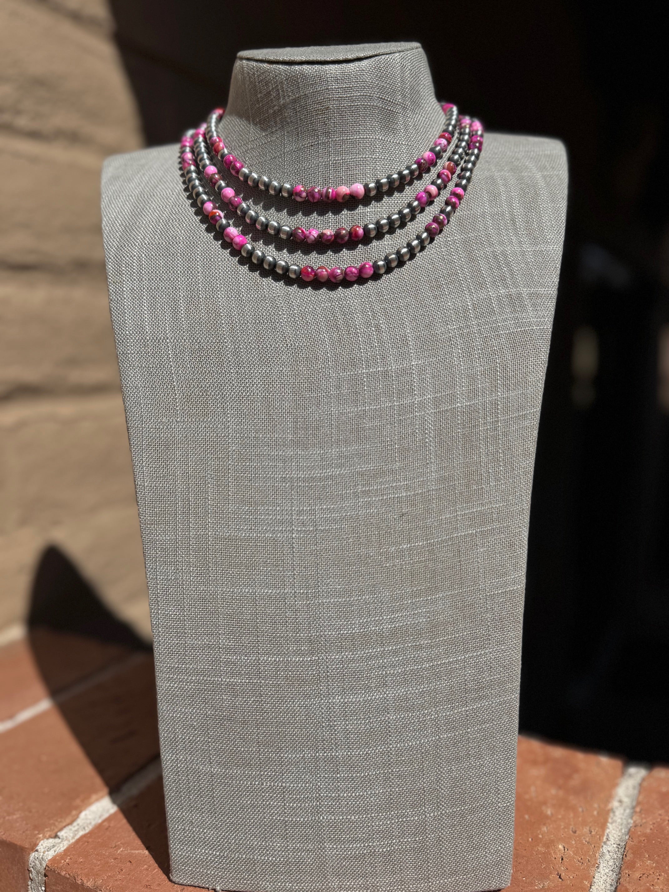Handcrafted Pink Dream & Sterling Silver 6mmBeaded Necklace 14 inch