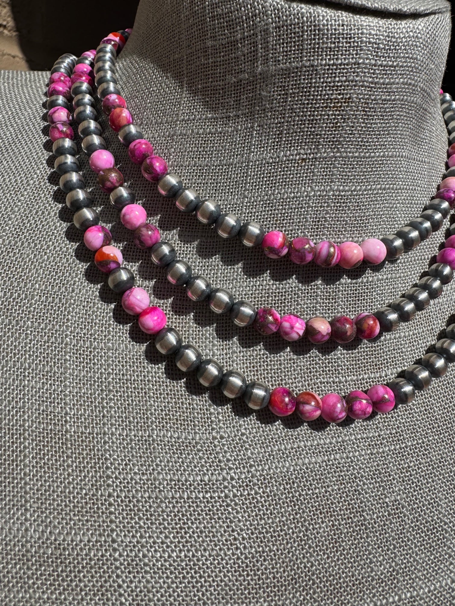 Handcrafted Pink Dream & Sterling Silver 6mmBeaded Necklace 14 inch