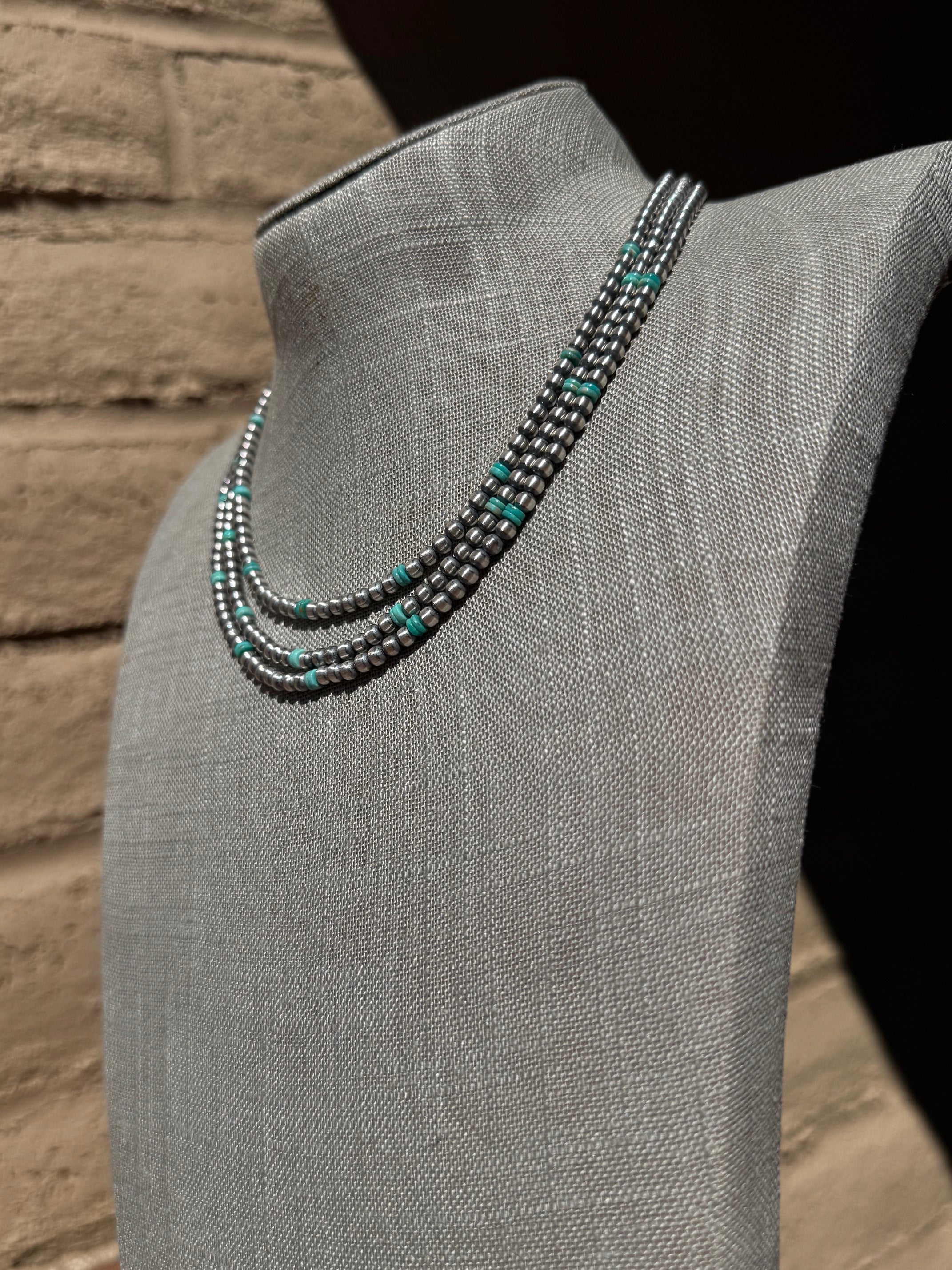 Handcrafted Kingman Turquoise & Sterling Silver 4mm Beaded Necklace 18"