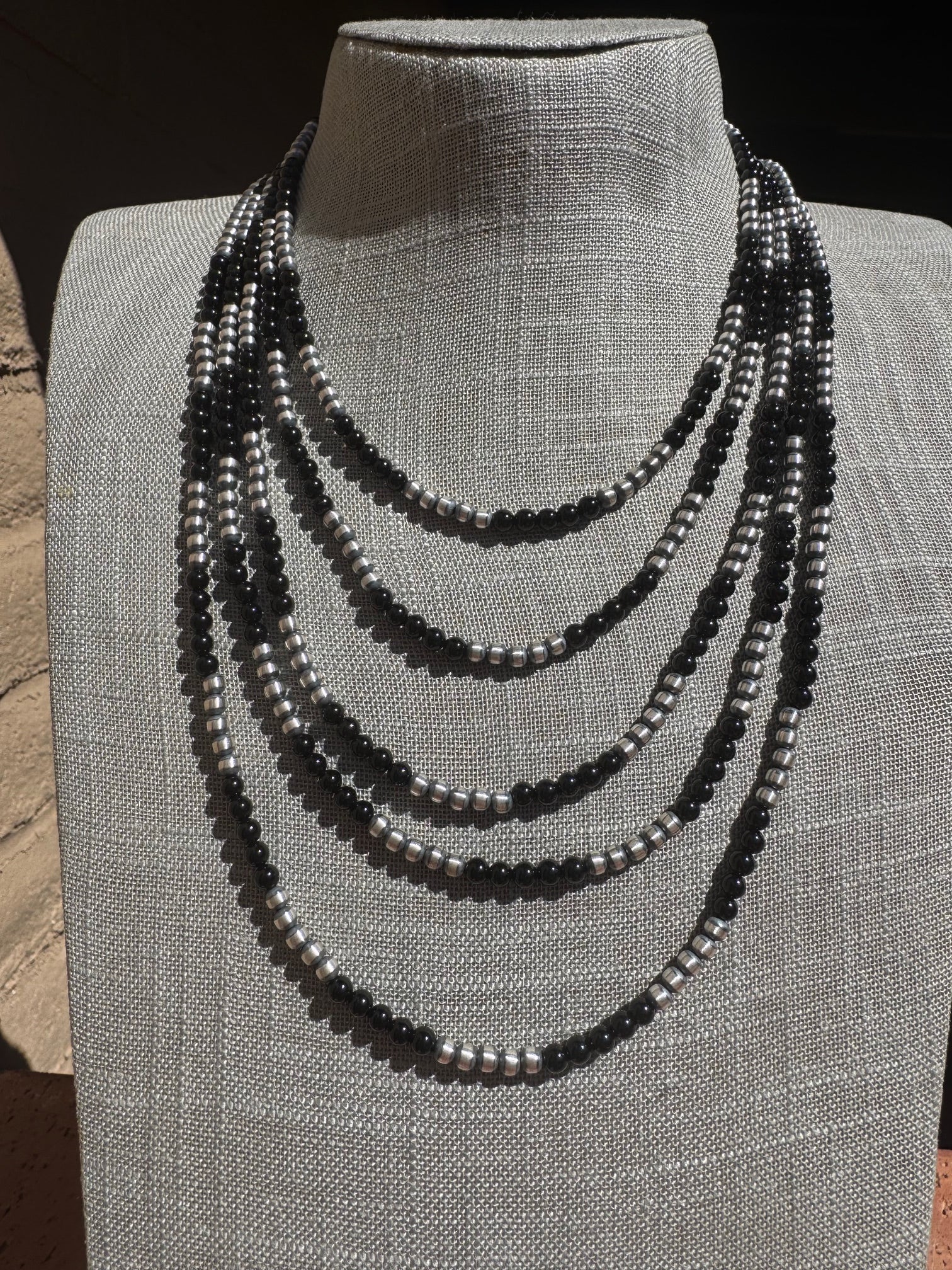 Handcrafted Pearl Sterling Silver & Black Onyx Beaded 4mm Necklace