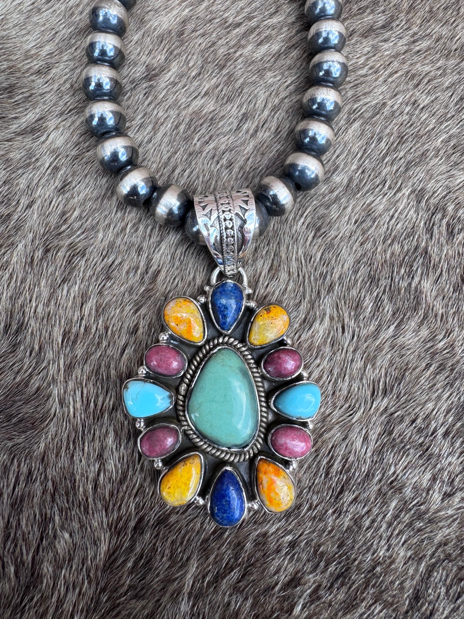 Handmade Sterling Silver Multi Stone Pendant signed Nizhoni (Green)