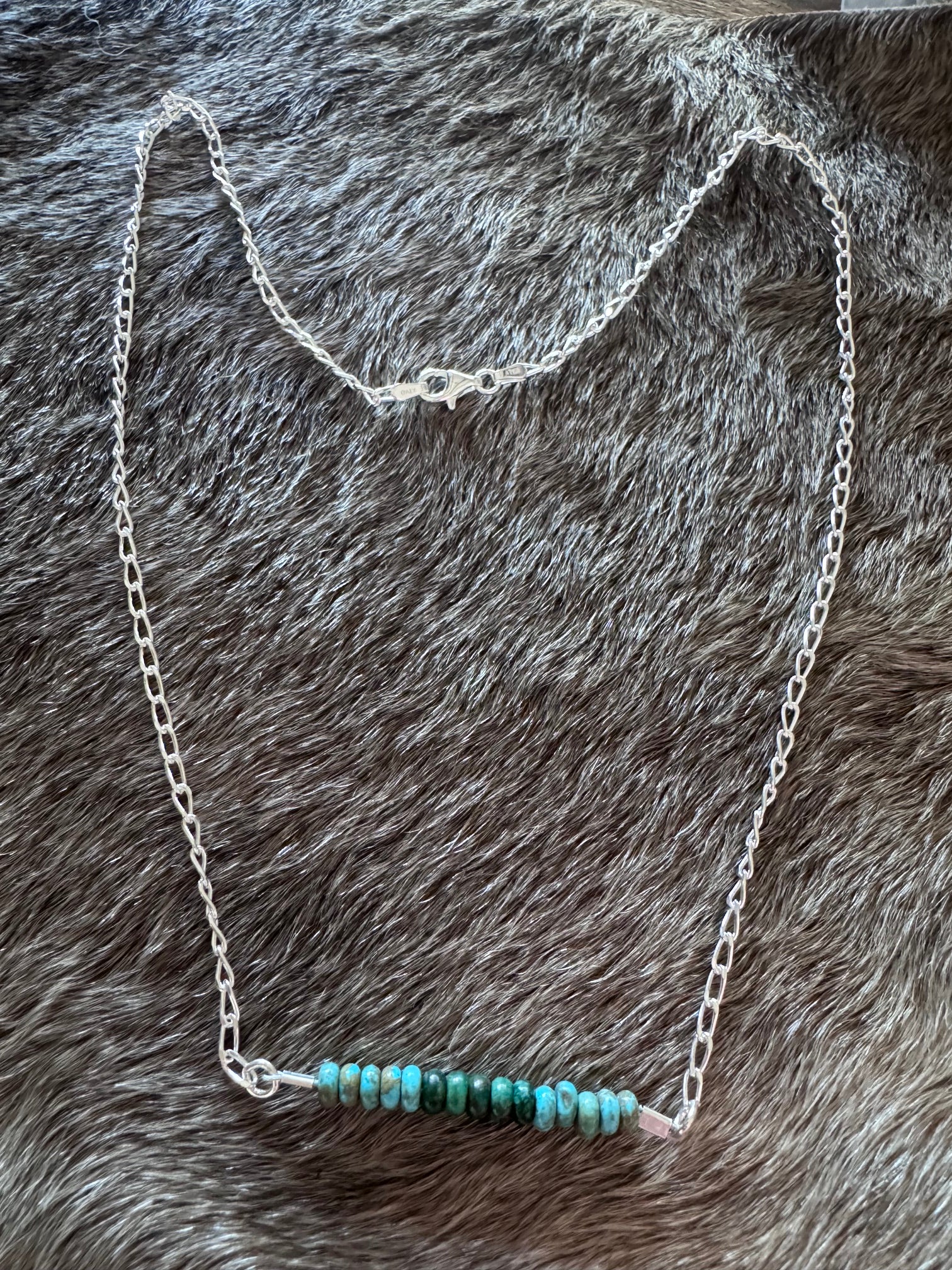 Handmade Sterling Silver & Hubei, Lone Mountain Turquoise Beaded Chain Necklace 20" by Roaming Buffalo