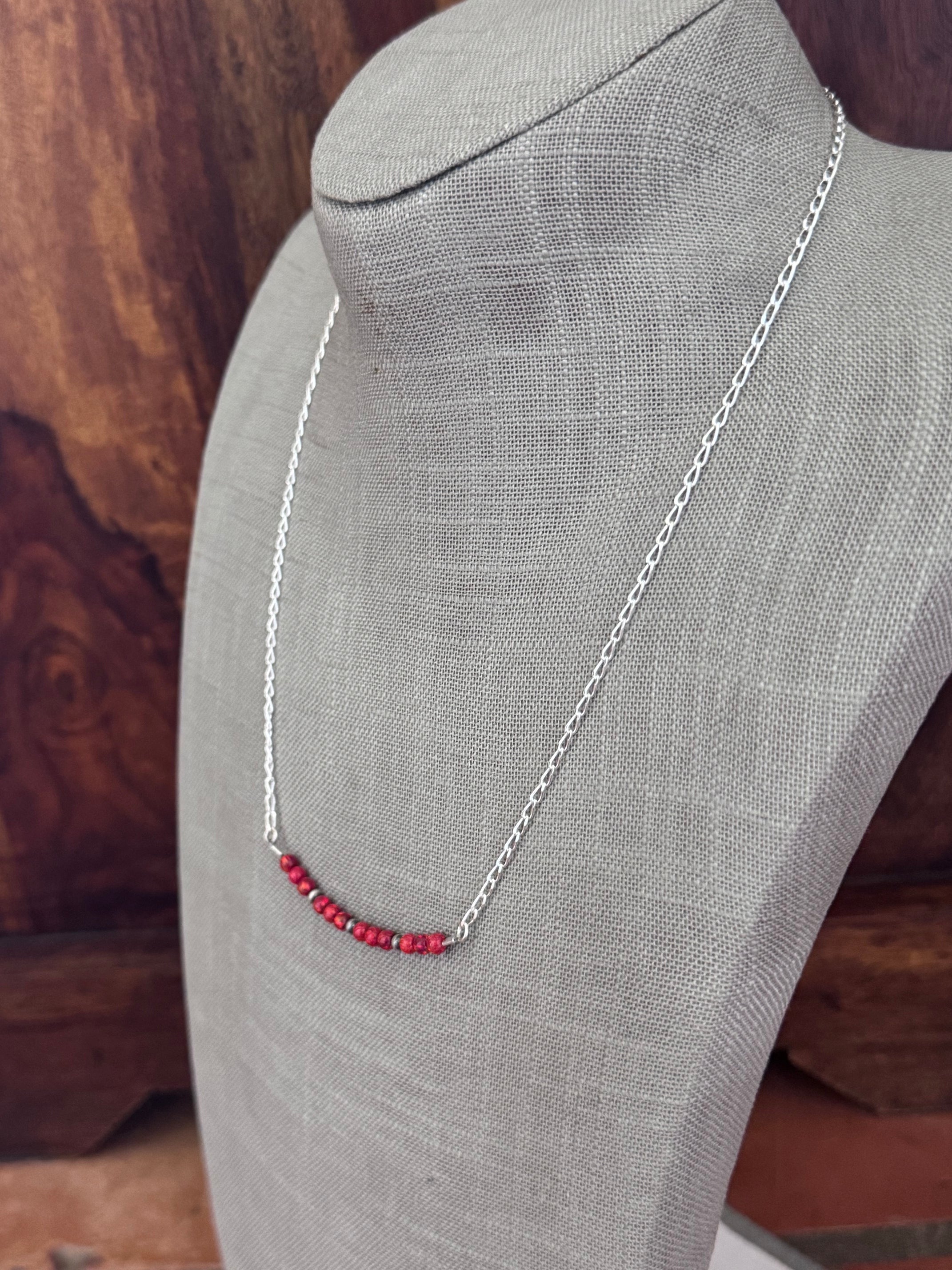 Handmade Sterling Silver Red Opal & Pearl Beaded Chain Necklace 20.75" by Roaming Buffalo