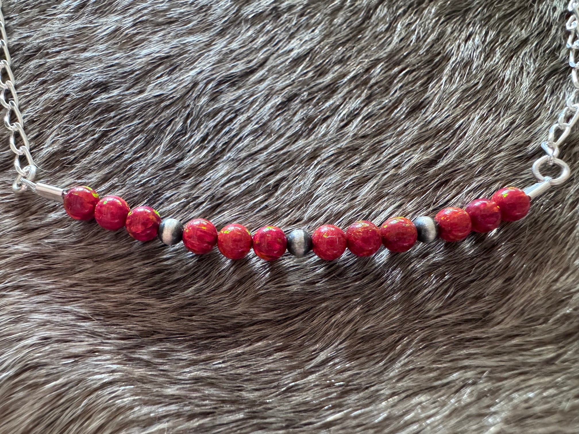 Handmade Sterling Silver Red Opal & Pearl Beaded Chain Necklace 20.75" by Roaming Buffalo