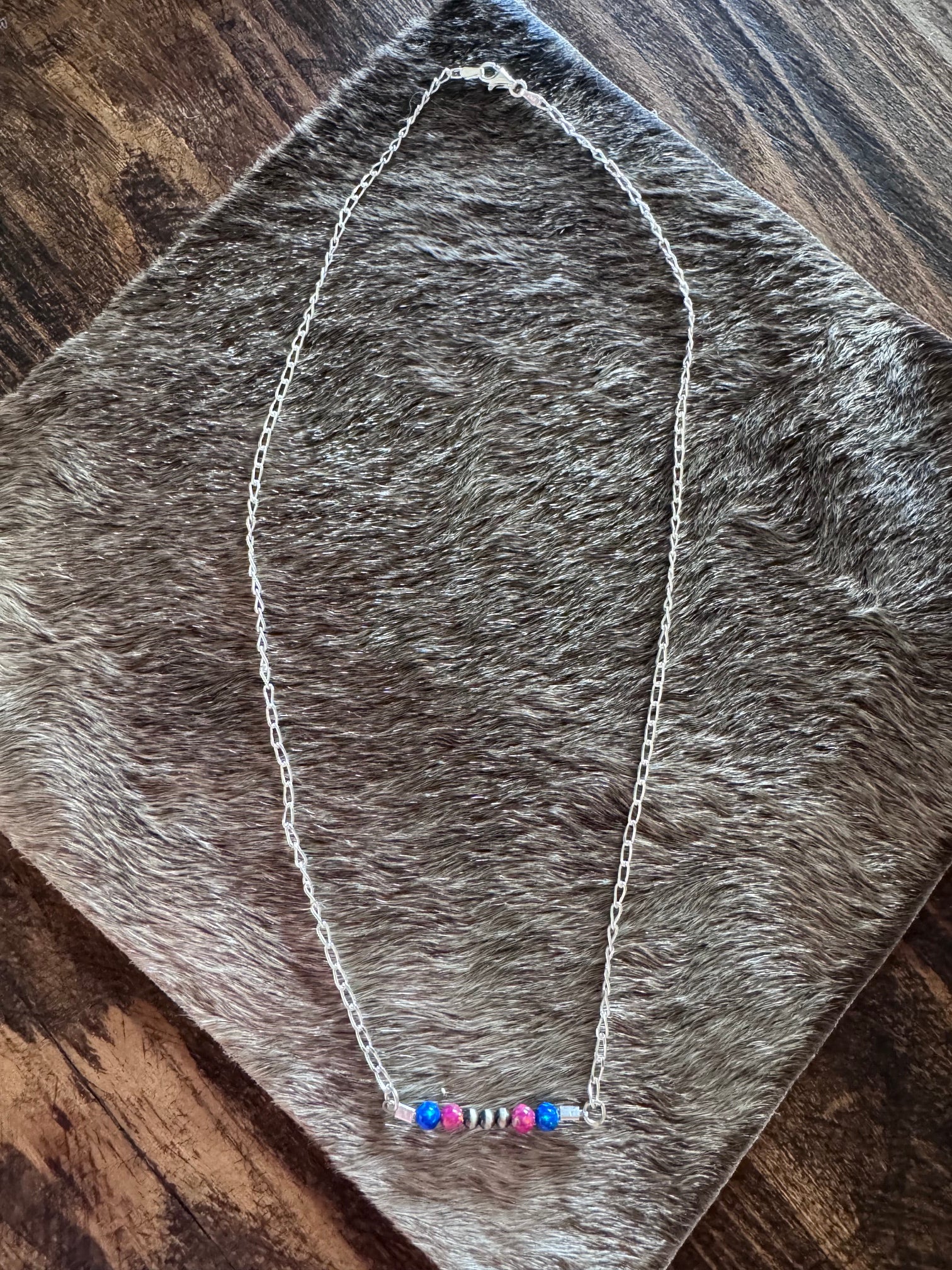 Handmade Sterling Silver Blue Opal, Pink Opal & Pearl Beaded Chain Necklace 19.5" by Roaming Buffalo
