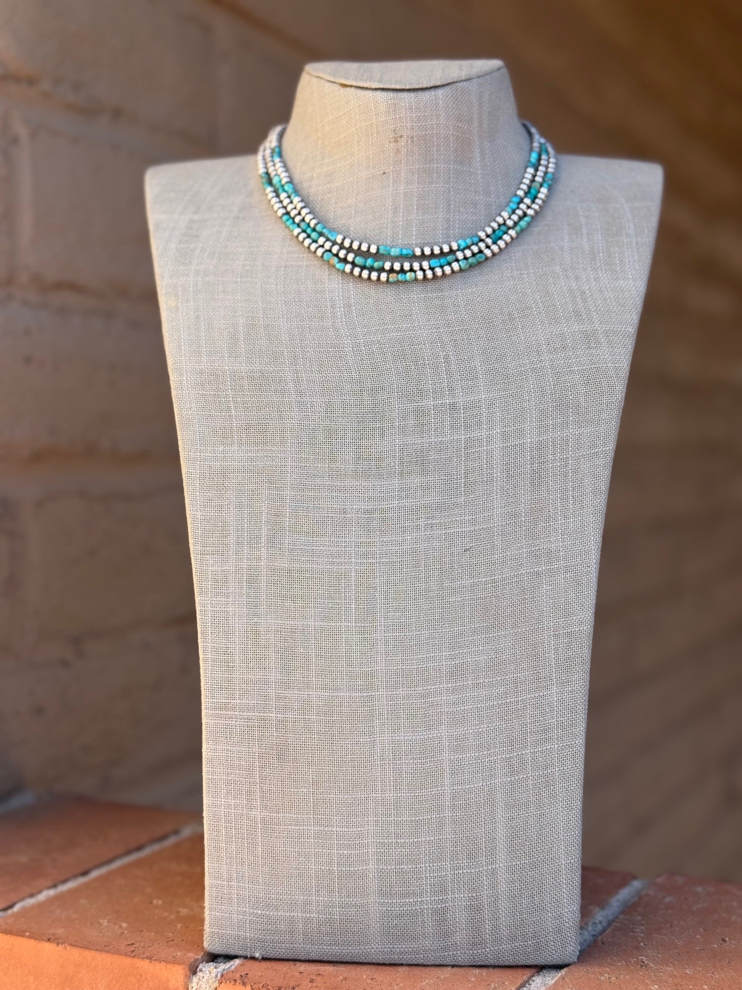 Handcrafted Kingman Turquoise & Sterling Silver 4mm Beaded Necklace 16"