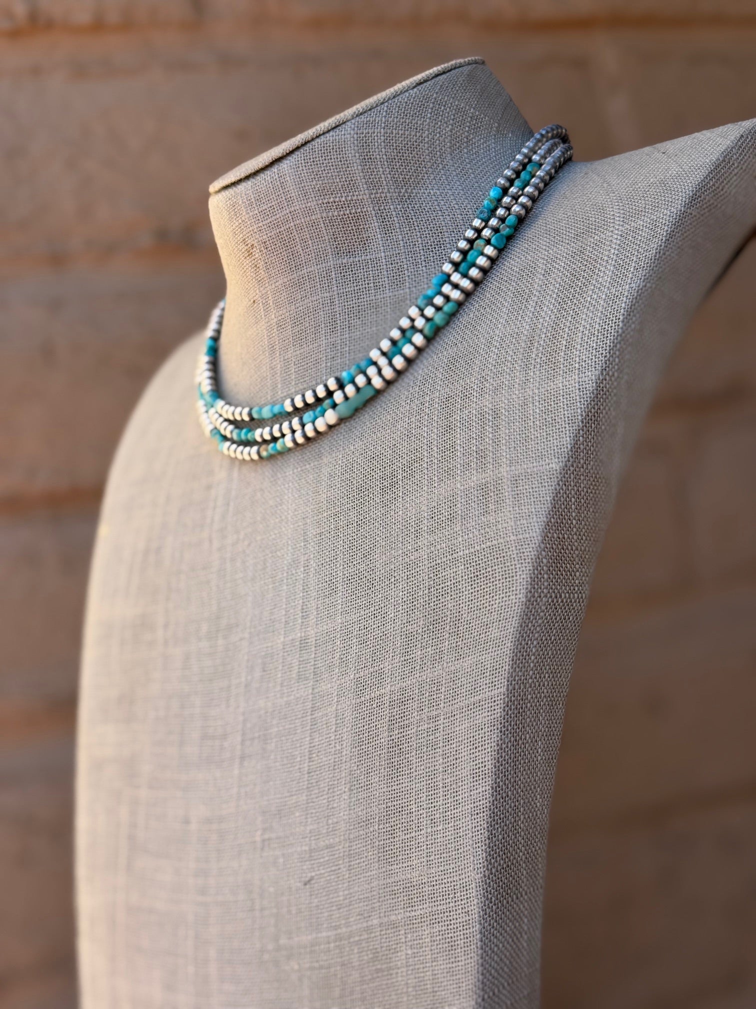 Handcrafted Kingman Turquoise & Sterling Silver 4mm Beaded Necklace 16"