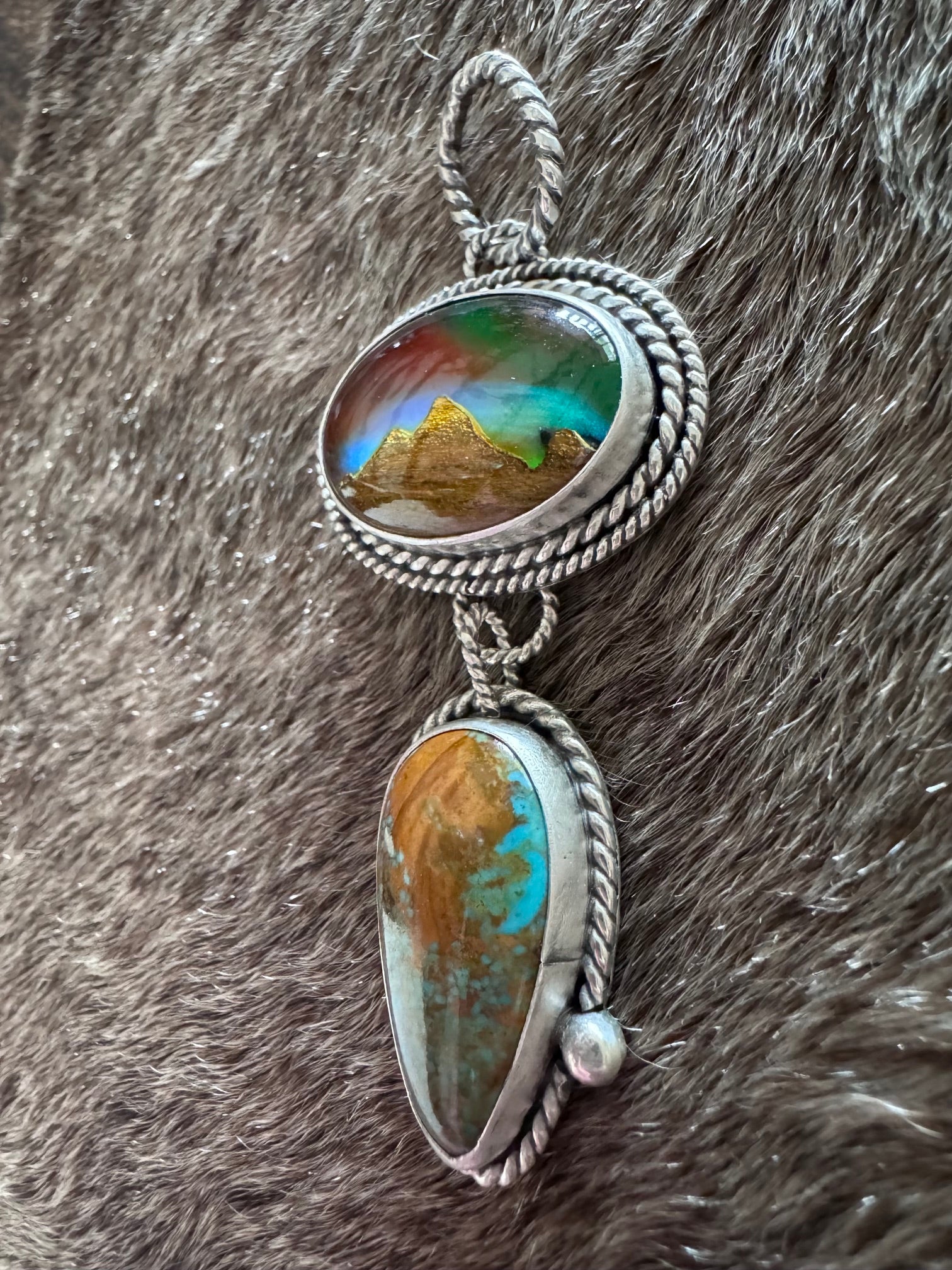 Handmade Sterling Silver Royston & Aurora Opal Inlay Pendant by Roaming Buffalo