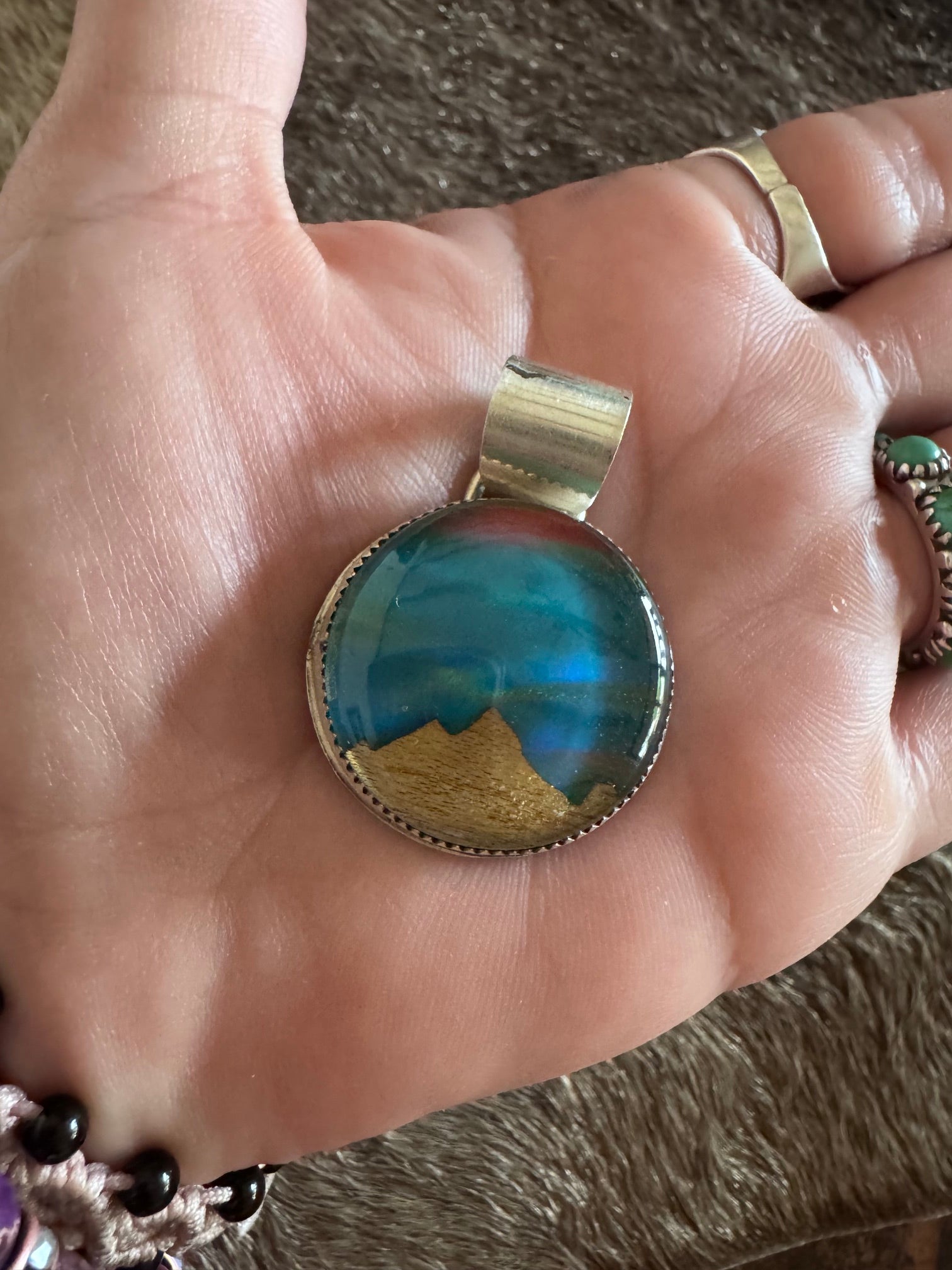 Handmade Sterling Silver Wood Carved Inlay Pendant by Roaming Buffalo