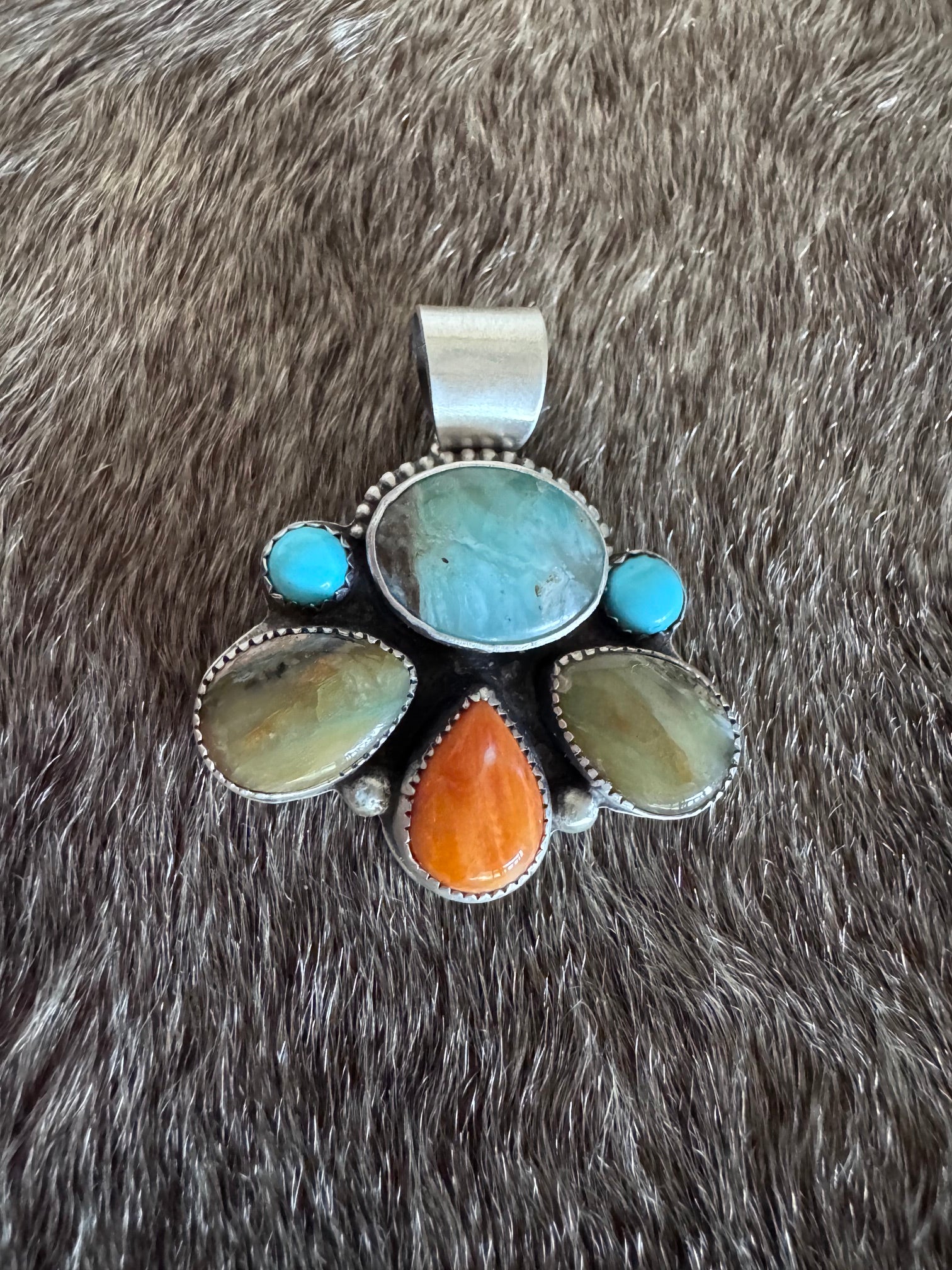 Handmade Sterling Silver Blue Peruvian Opal, Spiney, Kingman Turquoise Pendant by Roaming Buffalo