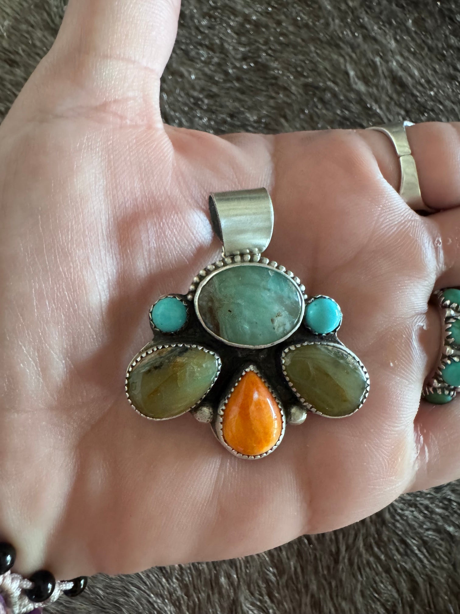 Handmade Sterling Silver Blue Peruvian Opal, Spiney, Kingman Turquoise Pendant by Roaming Buffalo