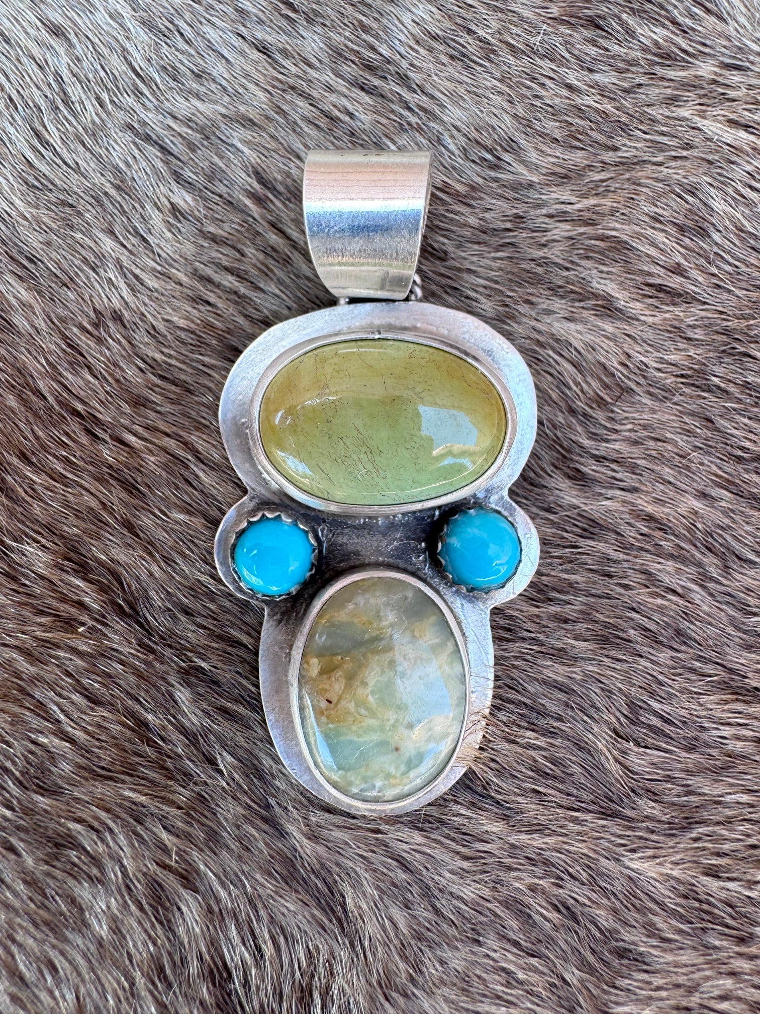 Handmade Sterling Silver Blue Peruvian Opal & Kingman Pendant by Roaming Buffalo