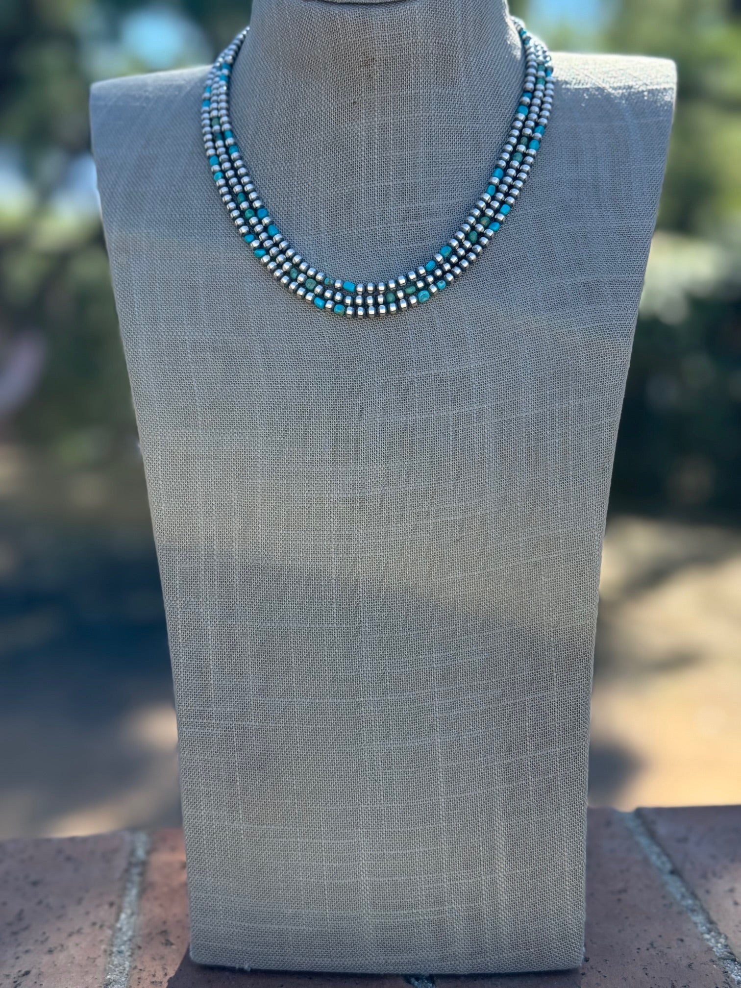 Handcrafted Kingman Turquoise & Sterling Silver 4mm Beaded Necklace 18"